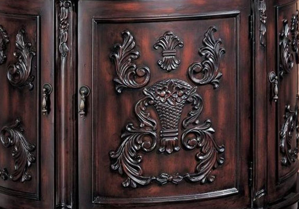 Bombe Chest in Antique Cherry Finish with Black Marble Top And Bold Carving