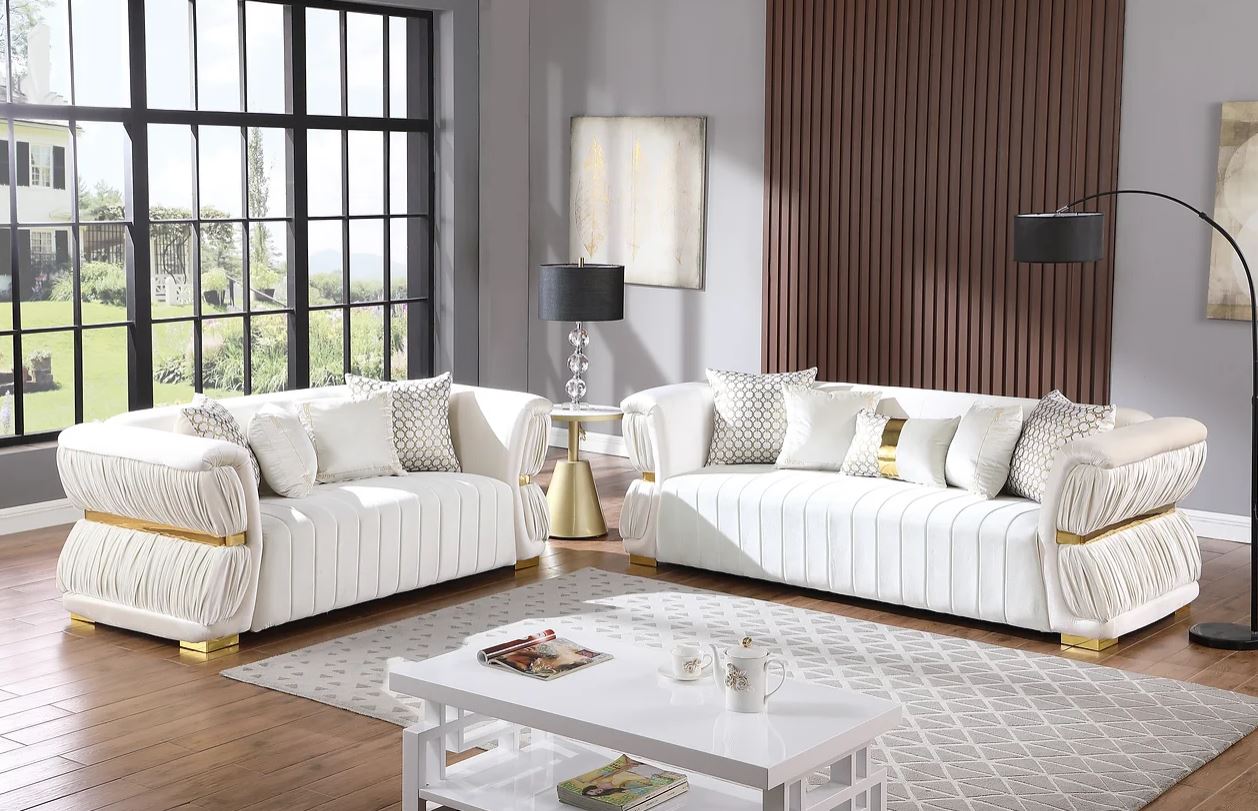 Gemma 2 PC Luxe Glam Velvet White Gold Sofa Loveseat Living Room Set