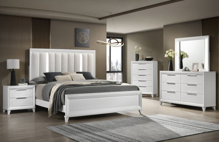 Cressida 5 Pc Modern White LED Upholstered Panel King Bedroom Set