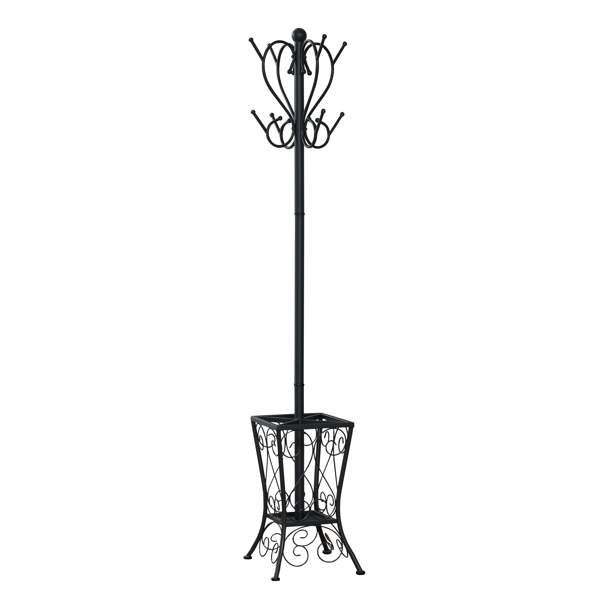 Entryway 8 Hook Coat rack Hall tree with Umbrella Stand In Black 71" H