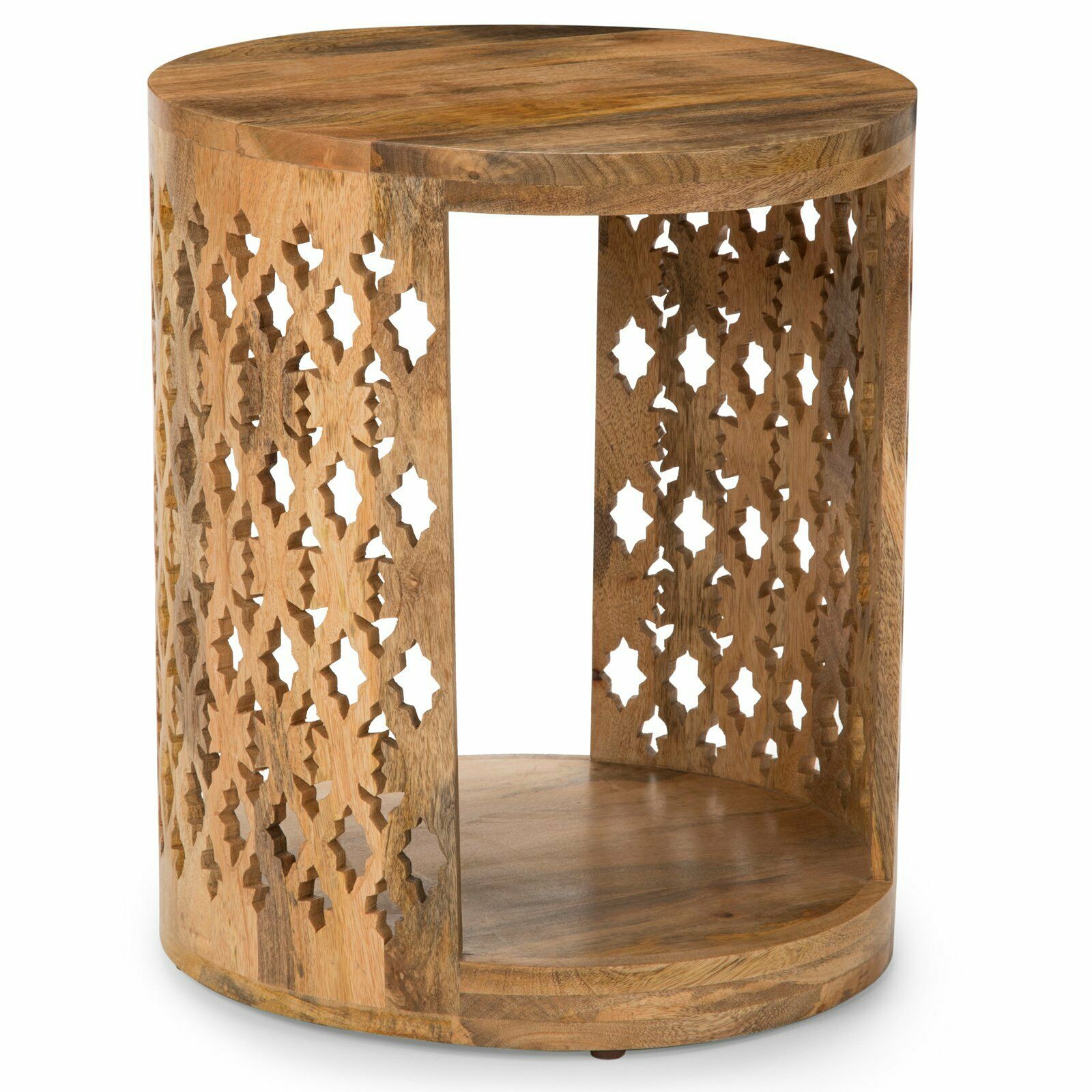 Moroccan Inspired Hand Carved Circular Wood Brinley Round End Table