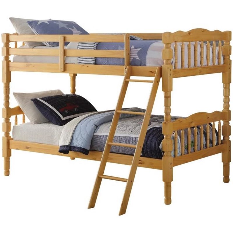 Traditional Spindle Design Twin Over Twin Bunk Bed in Natural Finish