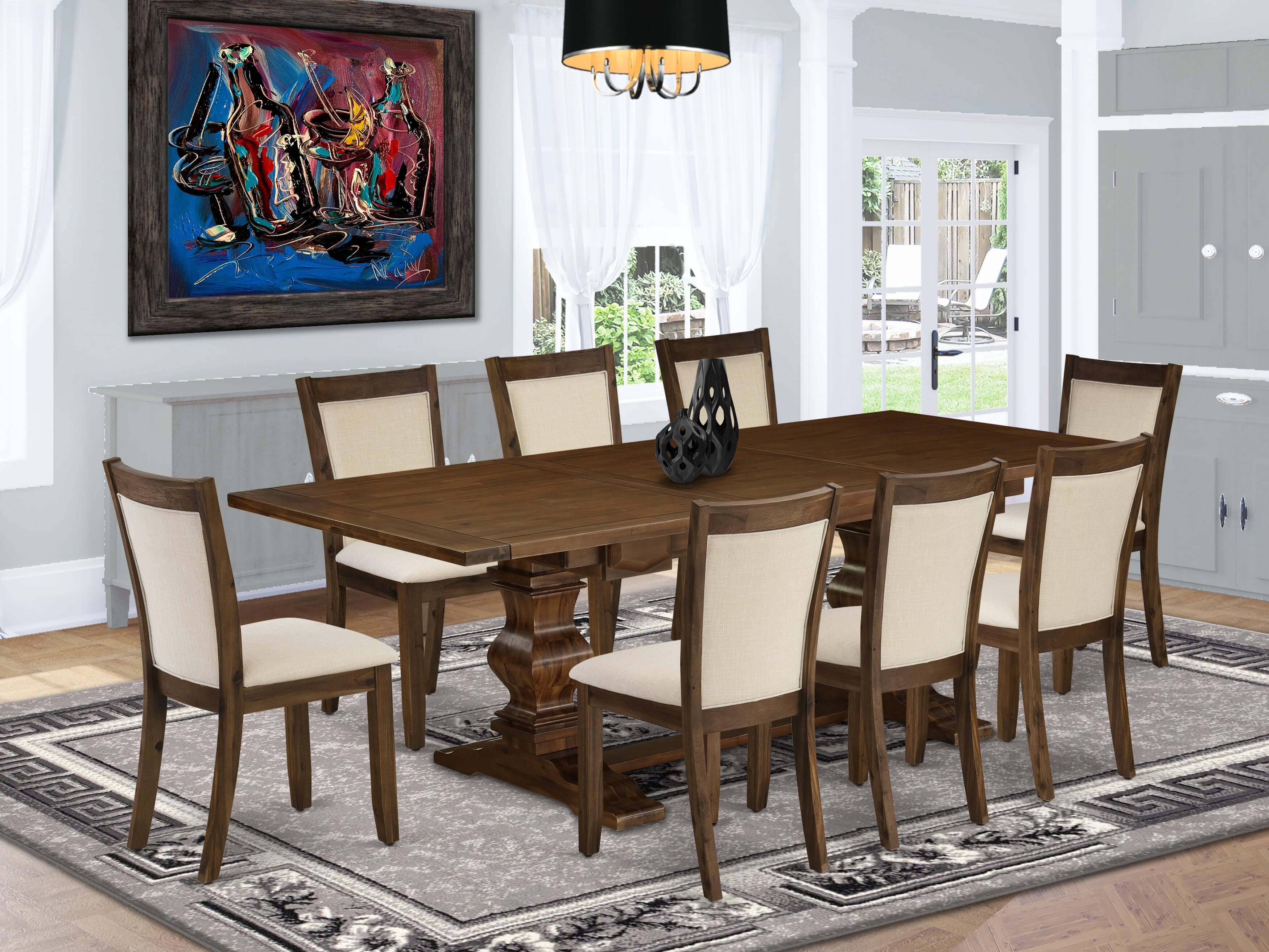 Rustic 9 PC Formal Dining Room Double Pedestal Table and Linen Chairs In Walnut