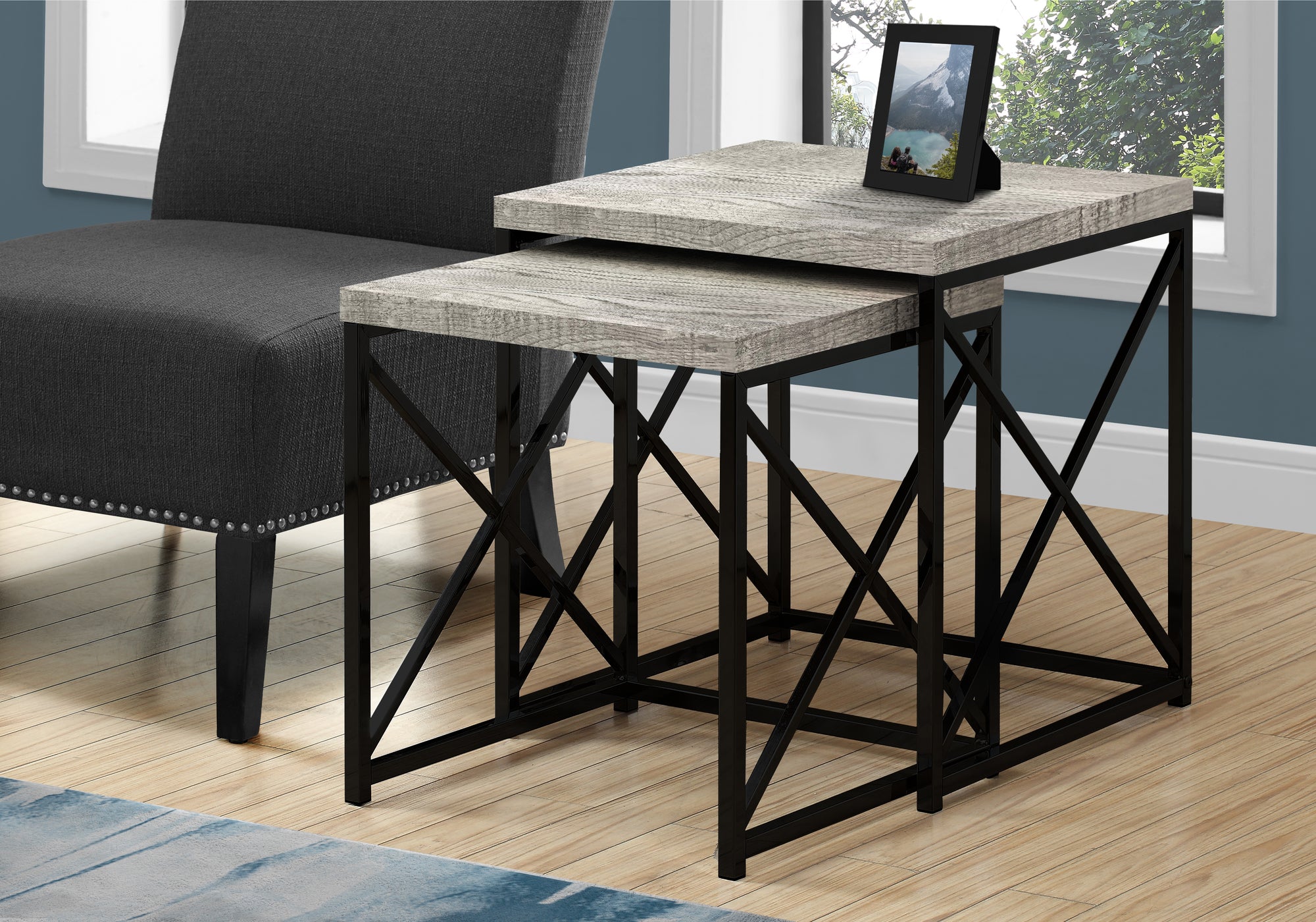 Industrial Style Contemporary X Base 2 Pc Nesting Table Set in Grey