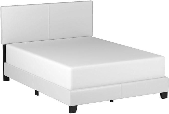 Low Profile Platform Queen Leatherette Upholstered Bed In White