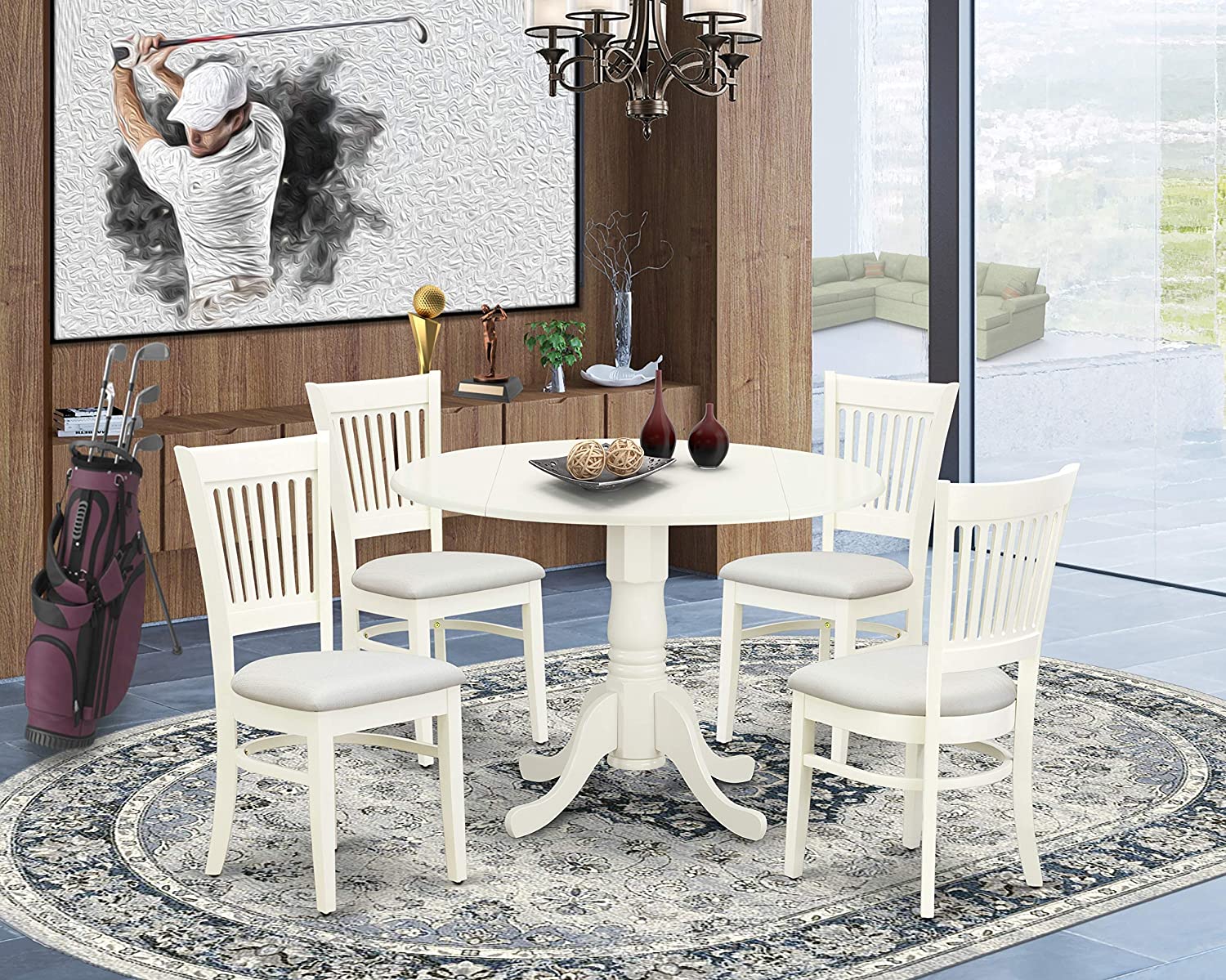 5 Pc White Round 42" Drop Leaf Kitchen Dinette Dining Table and 4 Padded Chairs
