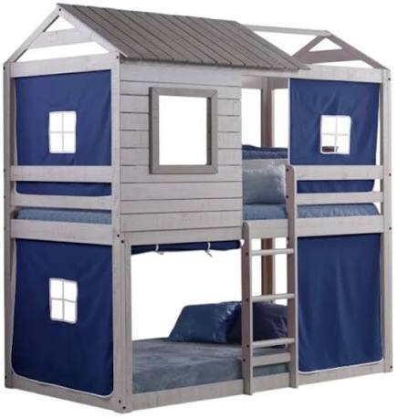Bella Vista Grey Solid Pine Wood Junior Twin Over Twin Standard Loft Bunk Bed (Blue Tent)