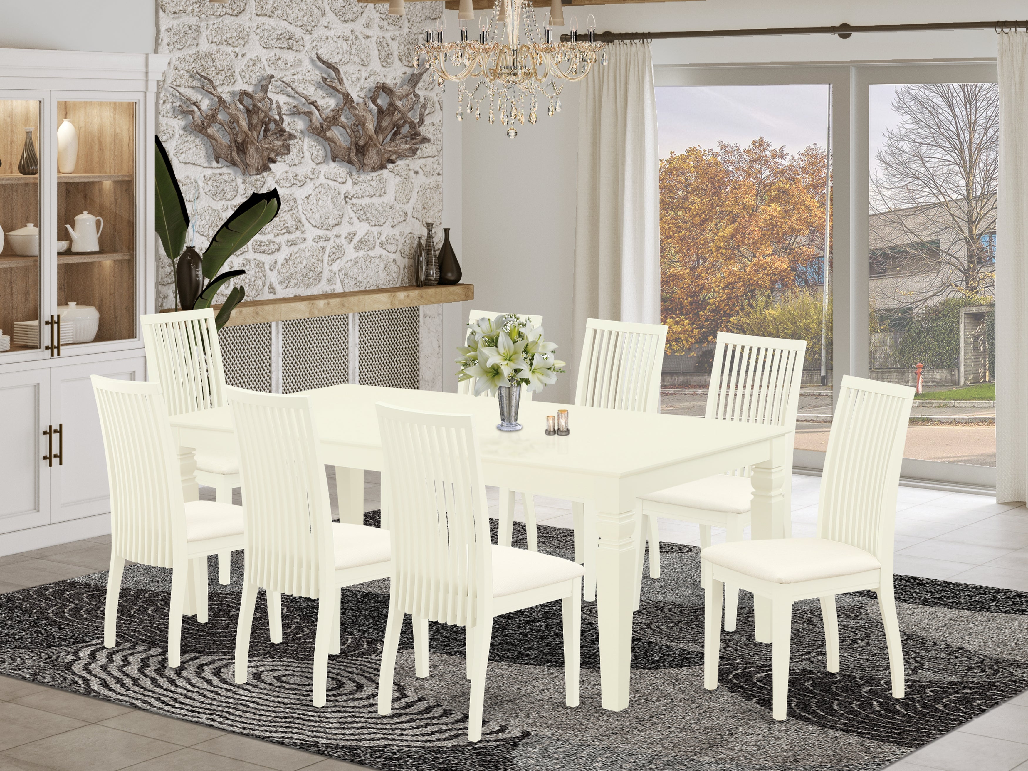LGIP9-LWH-C 9Pc Dining Set Includes a Rectangle Dining Table with Butterfly Leaf and Eight Microfiber Seat Dining Chairs, Linen White Finish