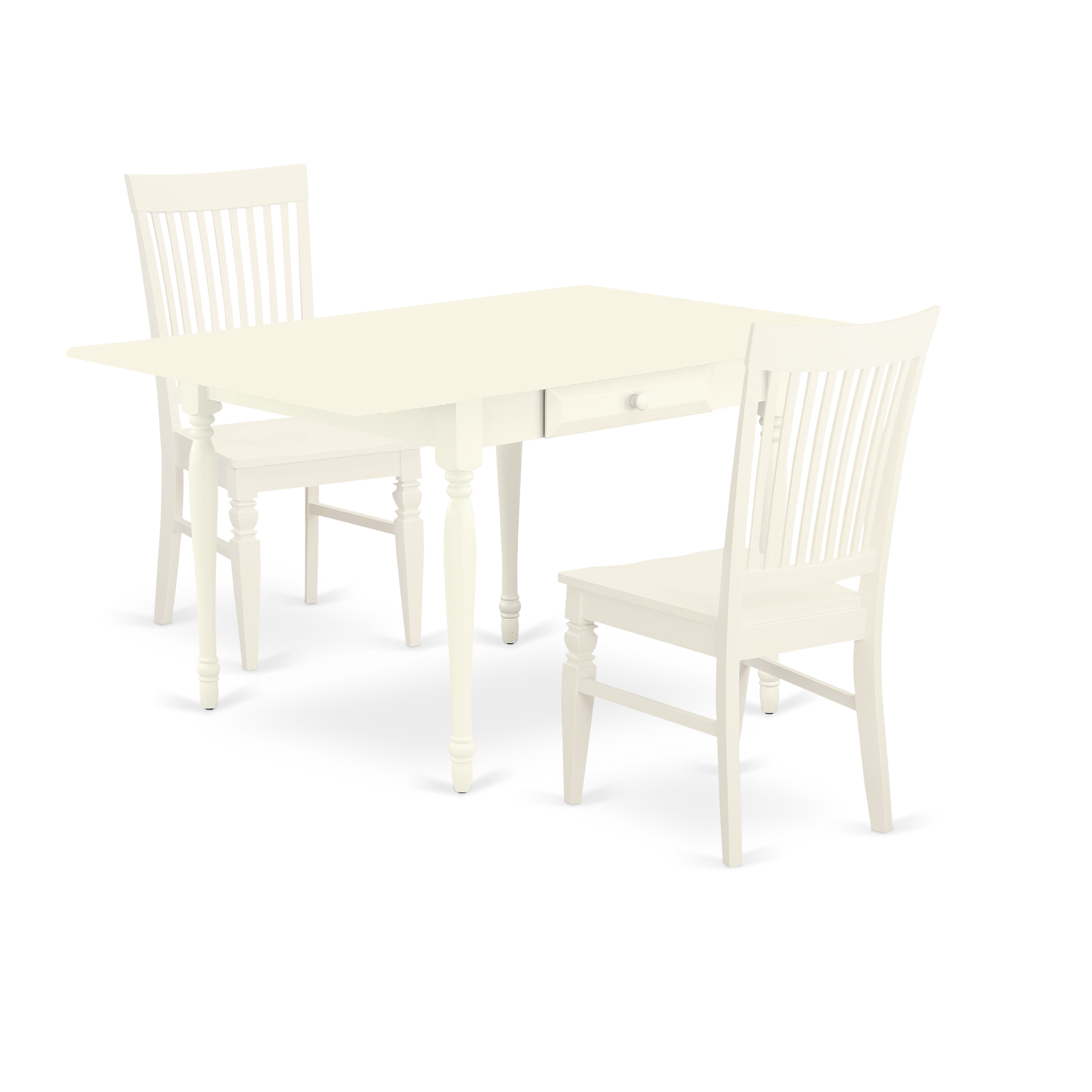East West Furniture MZWE3-LWH-W 3 Pieces Wooden Dining Table set - Heavy Duty Drop Leaf Solid Wood Modern Dining Table and 2 Wooden Seat Kitchen Chairs, Linen White Finish