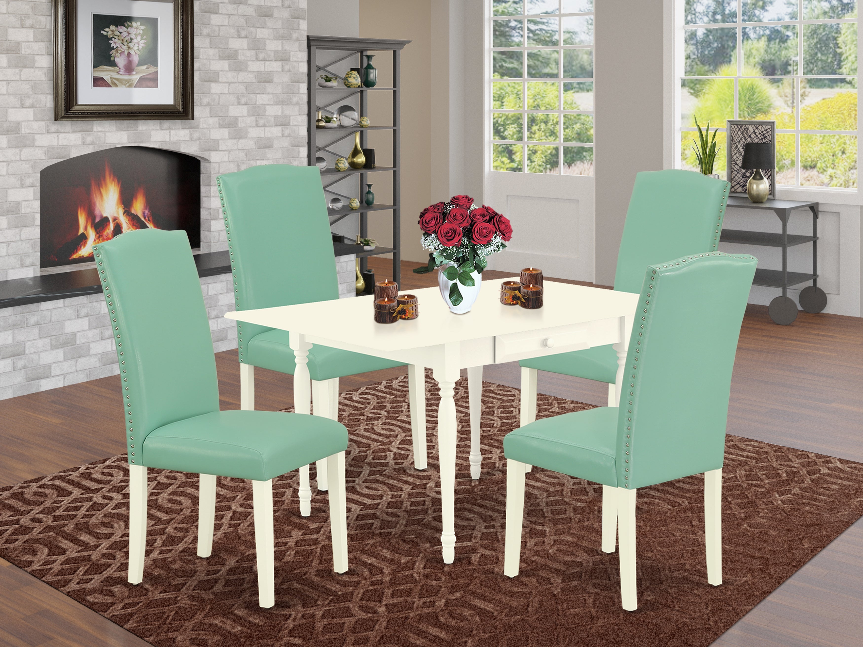 East West Furniture MZEN5-LWH-57 5Pc Dining Set for 4Consists of a Dining Table and 4 Parsons Chairs with Pond Color PU Leather, Drop Leaf Table with Full Back Chairs, Linen White Finish