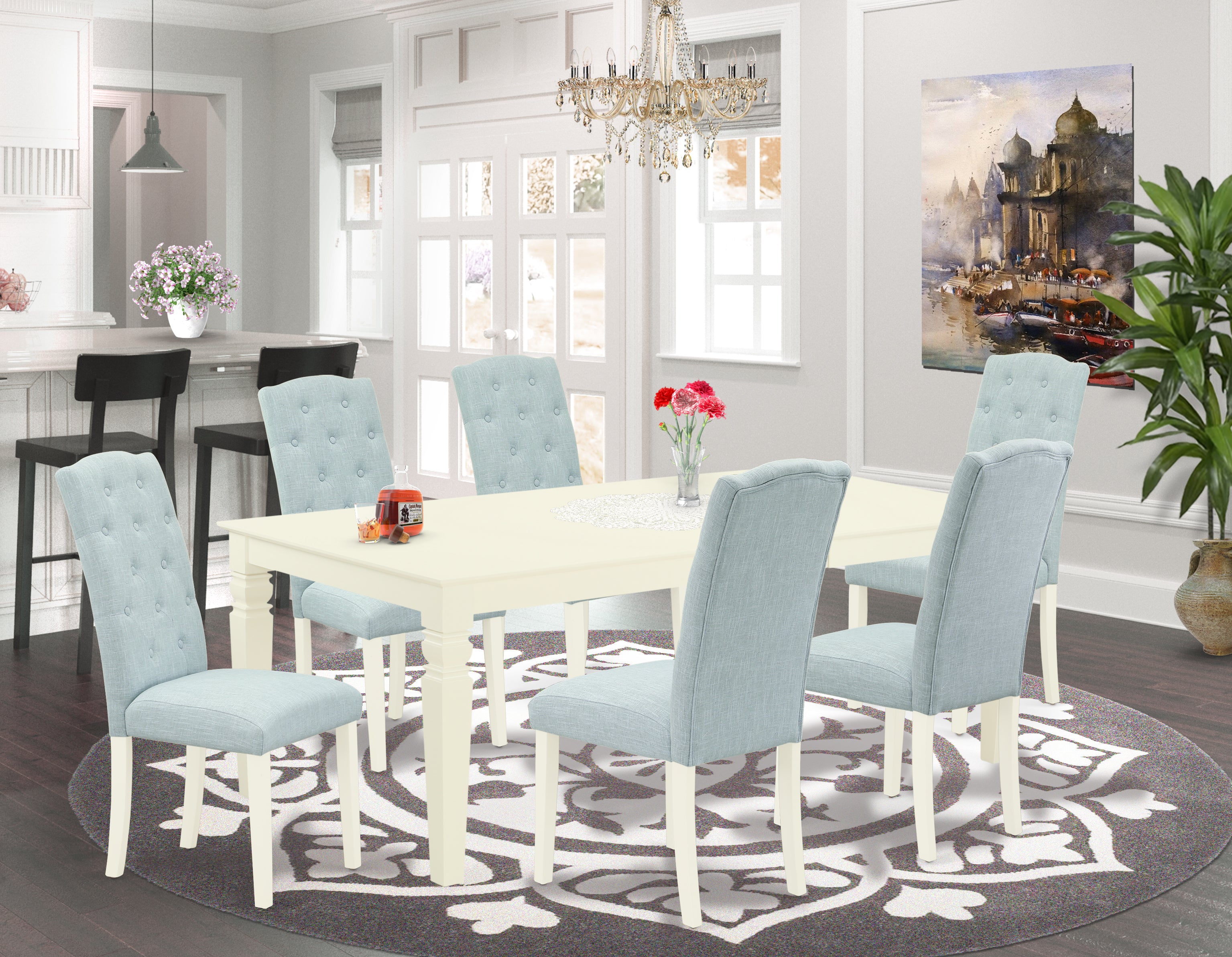 LGCE7-LWH-15 7Pc Dinette Set Includes a Rectangular Kitchen Table with Butterfly Leaf and Six Parson Chairs with Baby Blue Fabric, Linen White Finish