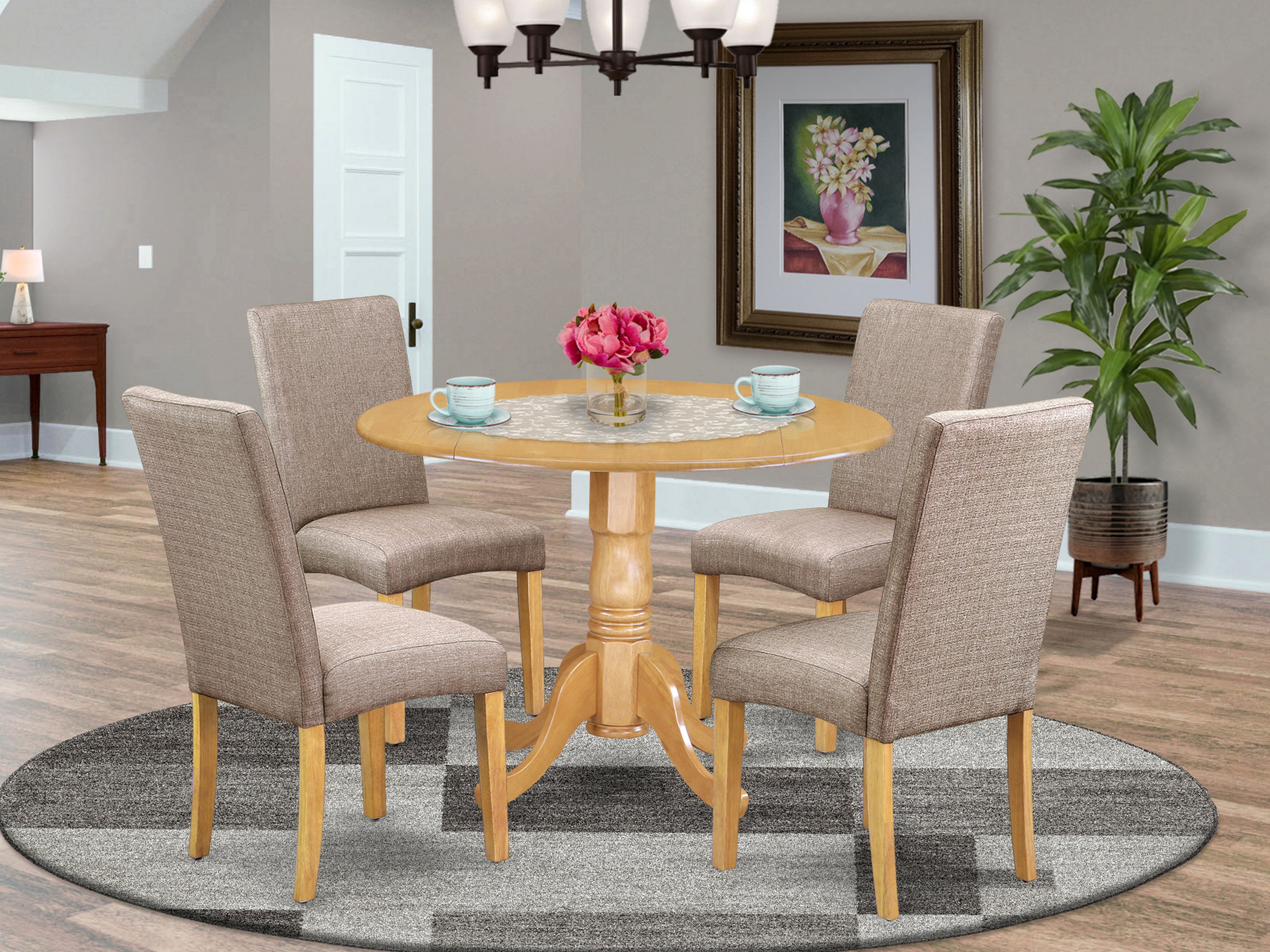 DLDR5-OAK-16 5Pc Round 42" Kitchen Table With Two 9-Inch Drop Leaves And Four Parson Chair With Oak Finish Leg And Linen Fabric- Dark Khaki Color