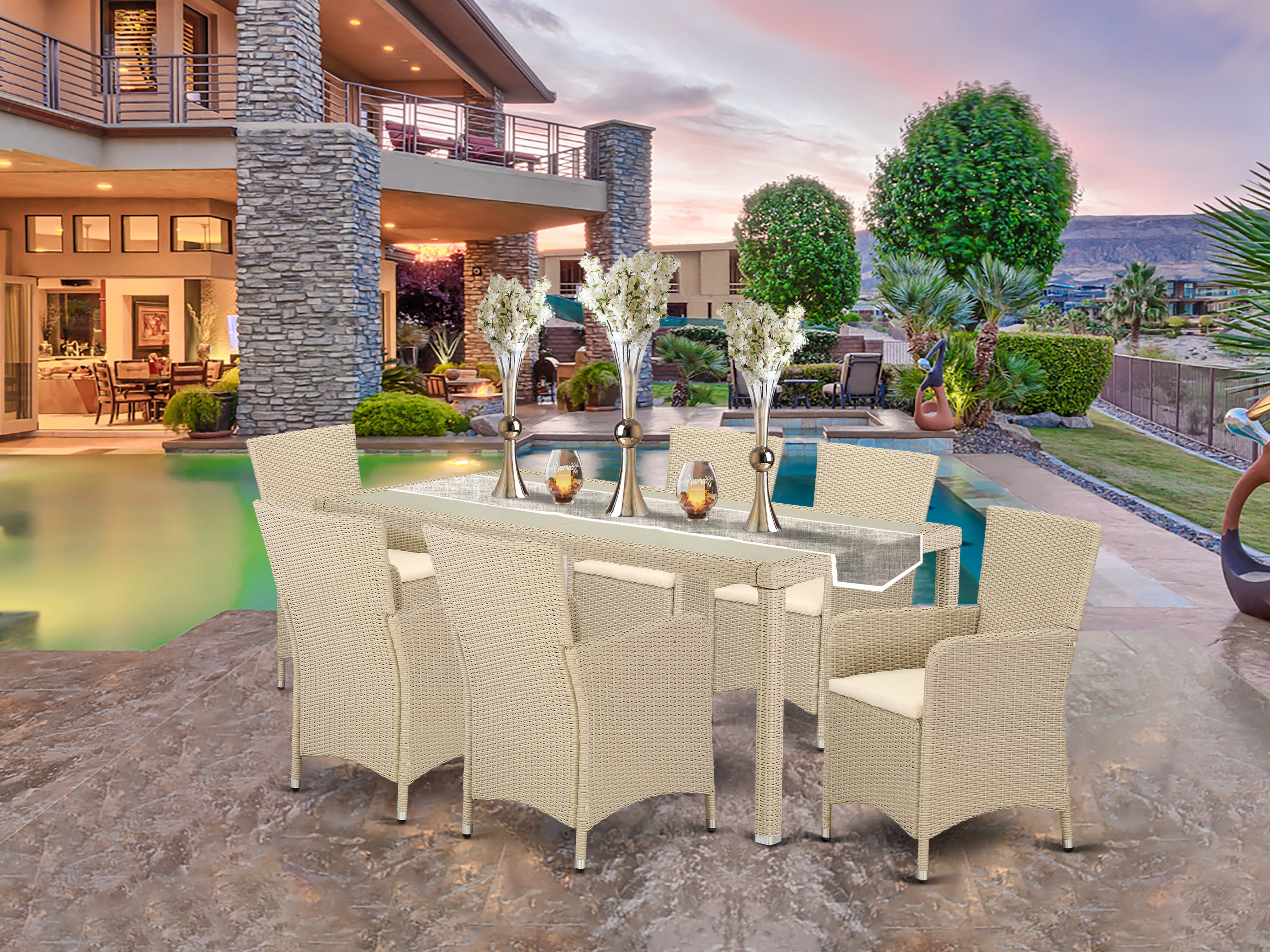 LULU7-53V 7 pc Deck Dining Area Wicker Set for 6 in Cream Finish