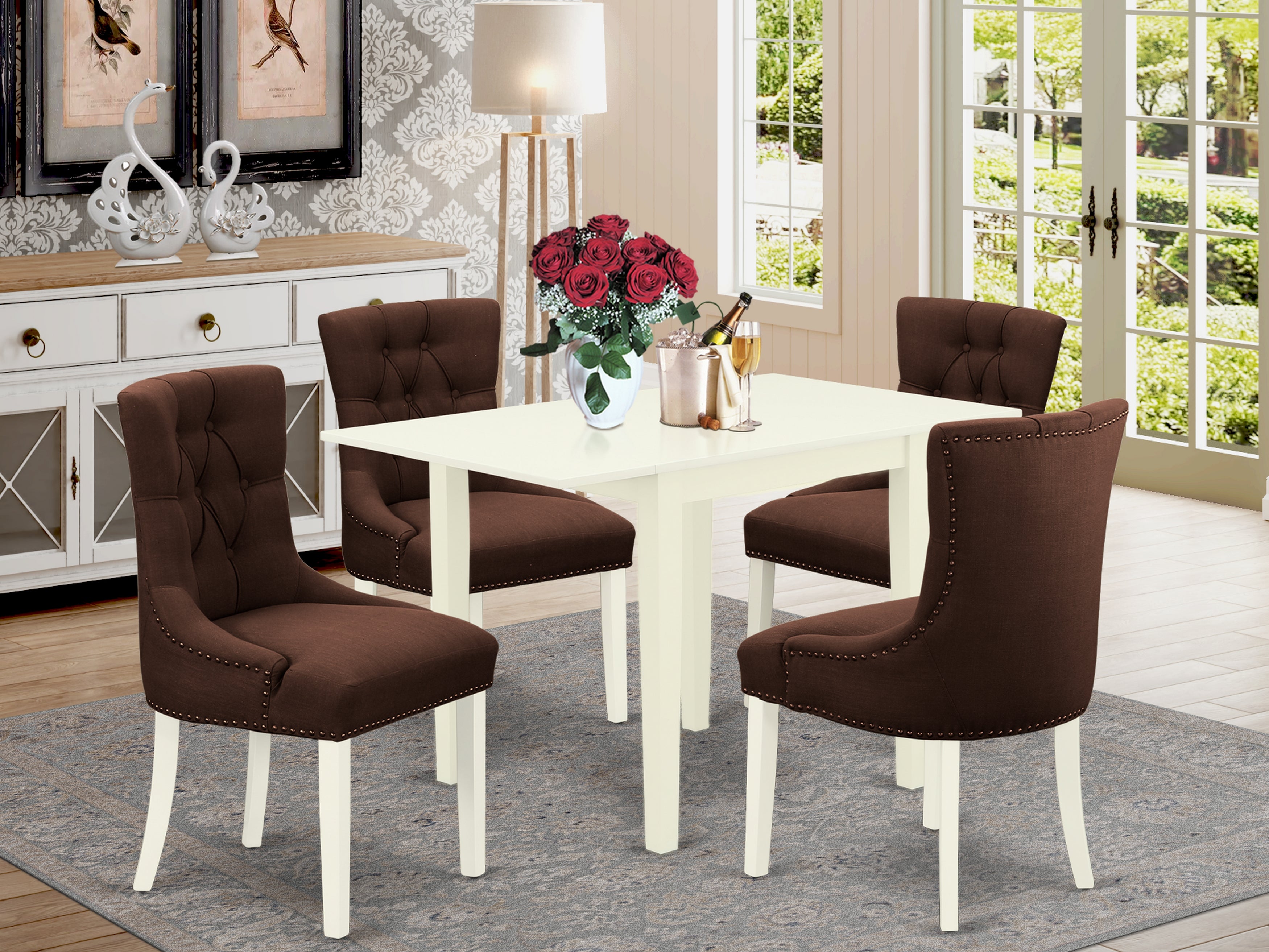 East West Furniture NDFR5-LWH-19 Dinette Set 5 Pcs - Four Parson Chairs and Breakfast Table - Linen White Finish Wood - Chocolate Color Linen Fabric