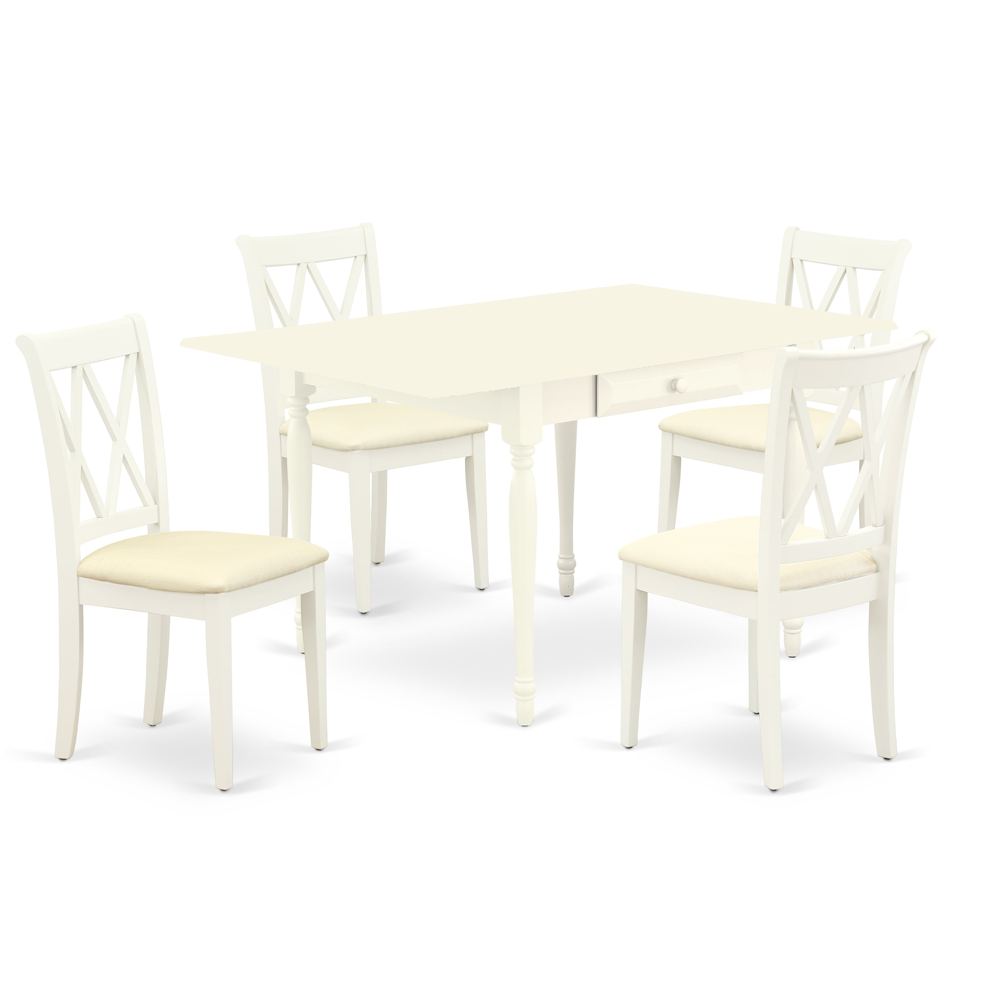 East West Furniture MZCL5-LWH-C 5Pc Kitchen Table Set Includes a Kitchen Table and 4 Modern Dining Chairs with Microfiber Upholstery Seat, Drop Leaf Table with Double X Back Chairs, Linen White Finish