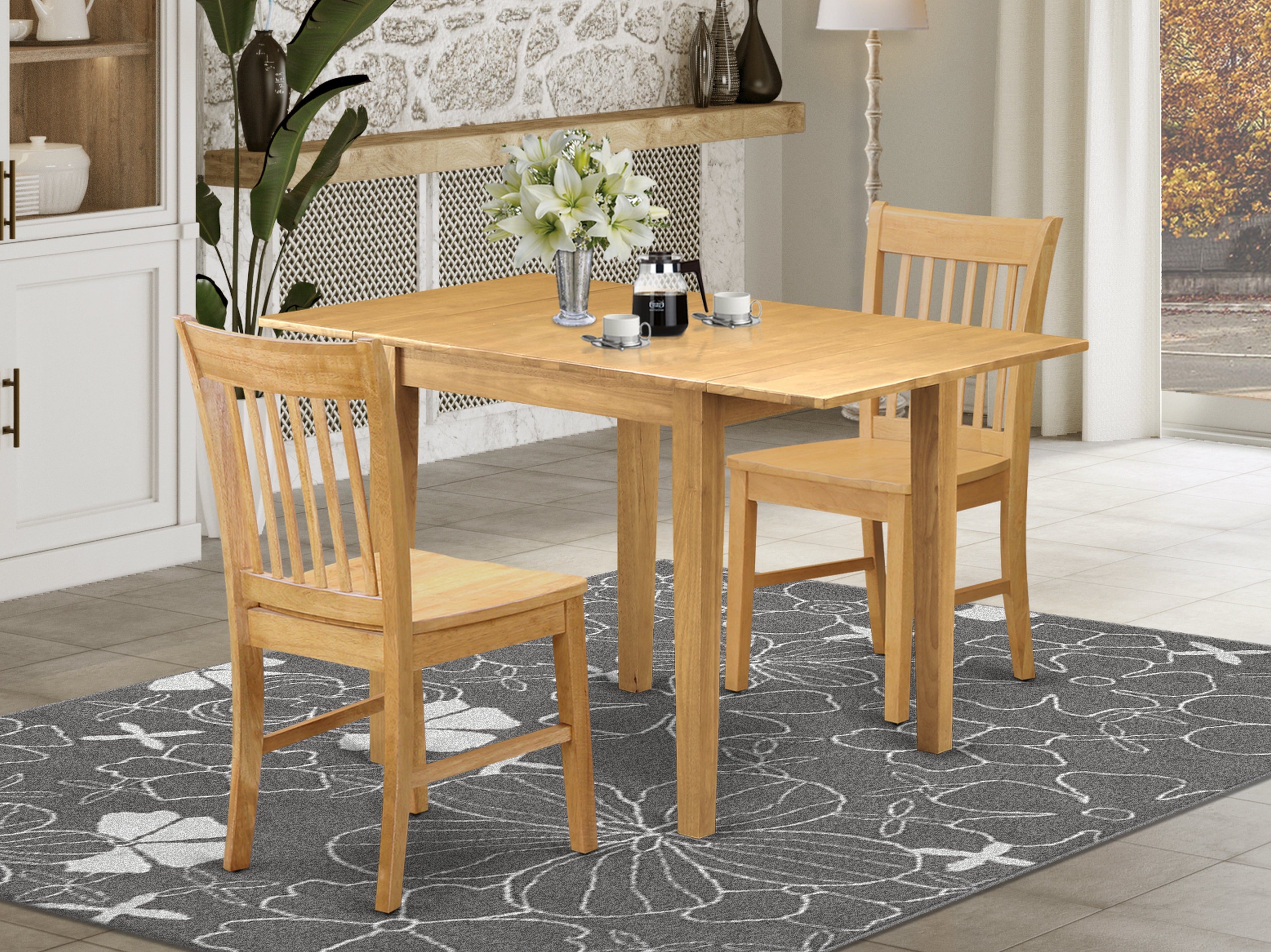 East West Furniture NDNO3-OAK-W 3Pc Dining Table Set Features a Small Kitchen Table and 2 Dining Chairs with Asian Hardwood Seat and Slat back, Oak Finish