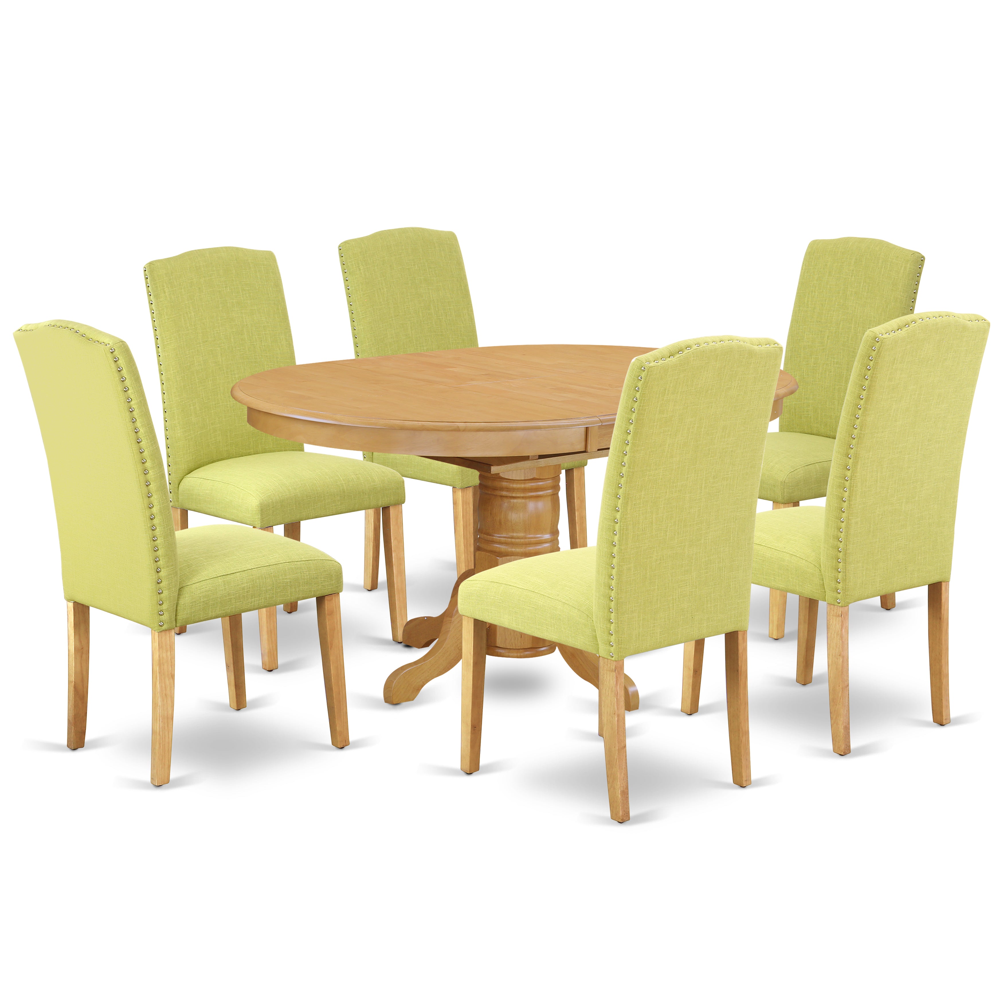 AVEN7-OAK-07 7Pc Oval 42/60" Dinette Table With 18 In Butterfly Leaf And 6 Parson Chair With Oak Leg And Linen Fabric Limelight