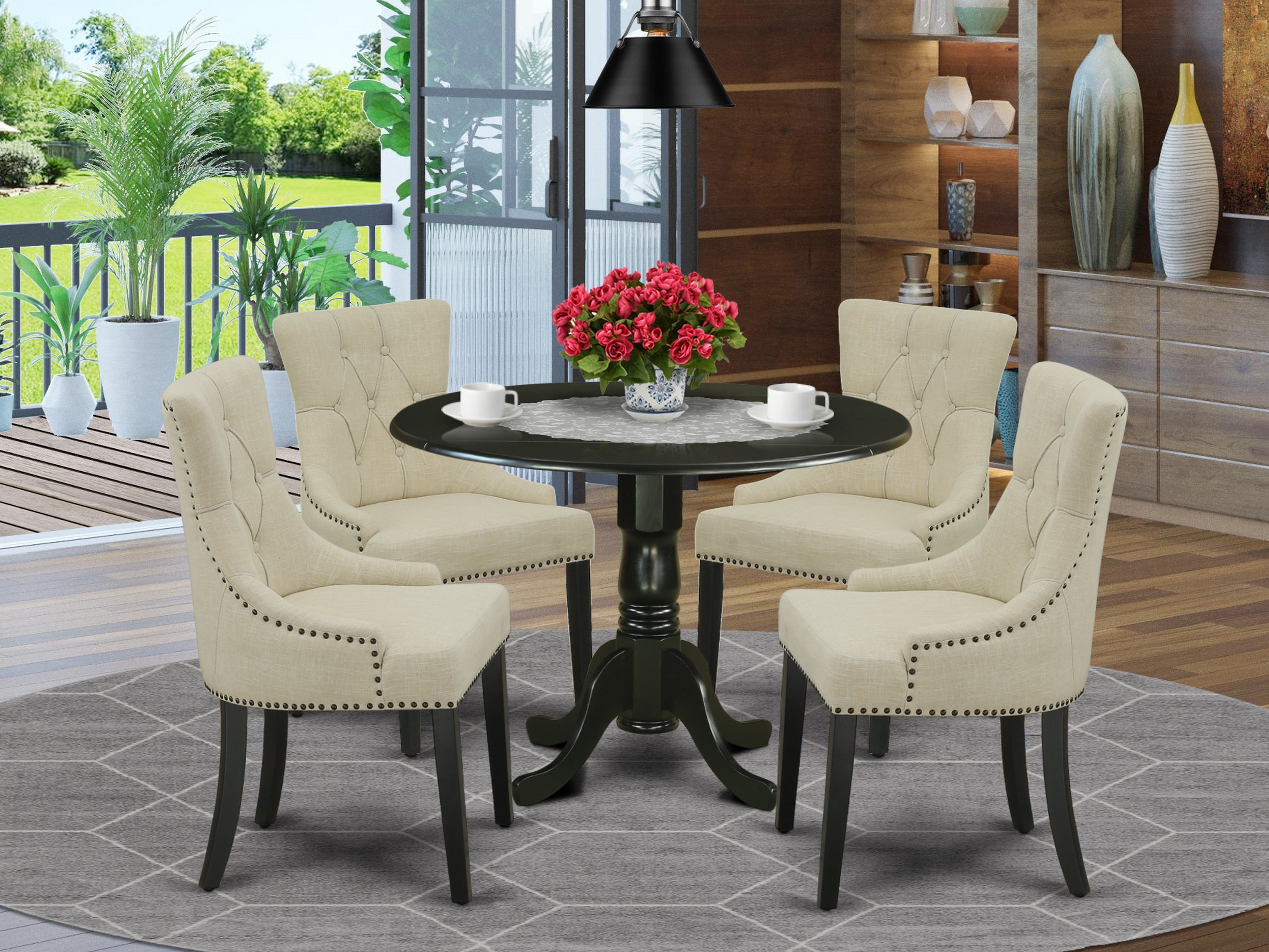 DLFR5-BLK-02 5Pc Dining Set Includes a Round Dinette Table with Drop Leaves and Four Parson Chairs with Light Beige Fabric, Black Finish