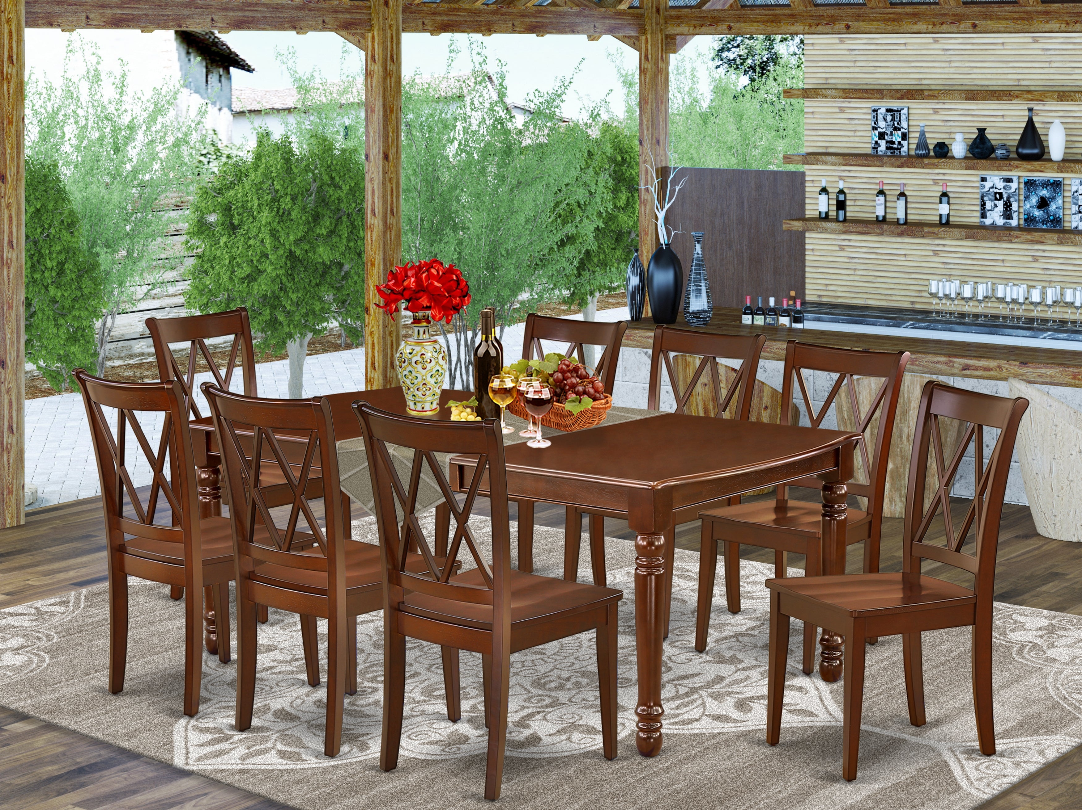 DOCL9-MAH-W 9PC Rectangular 60/78 inch Table with 18 In Leaf and 8 Double X back Chairs