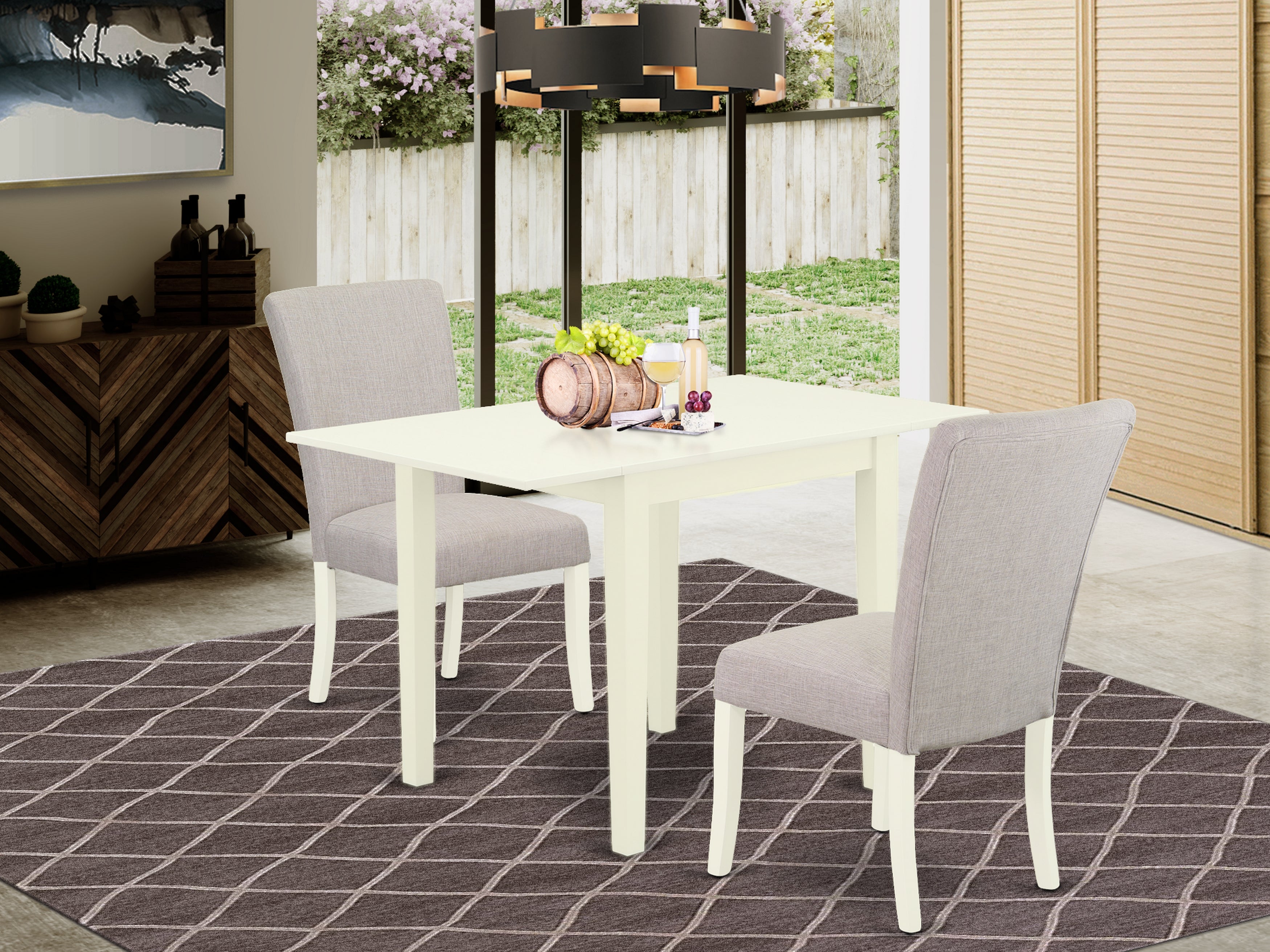 East West Furniture NDAL3-LWH-05 Dining Room Table Set 3 Pc - 2 Kitchen Chairs and a Dinner Table - Linen White Finish Wood - Doeskin Color Linen Fabric