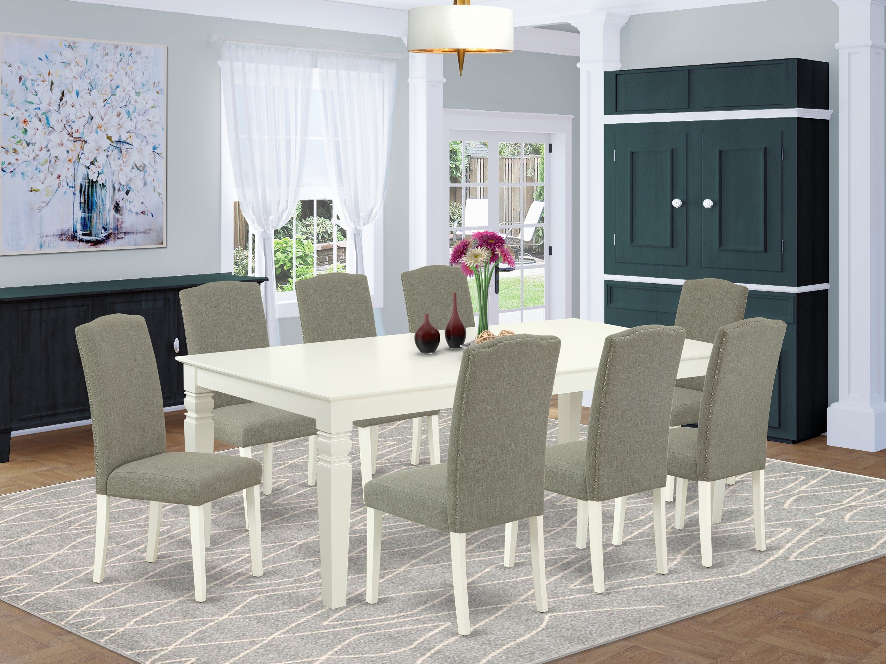 LGEN9-LWH-06 9Pc Rectangle 66/84 Inch Kitchen Table With 18 In Leaf And Eight Parson Chair With Linen White Leg And Linen Fabric Dark Shitake