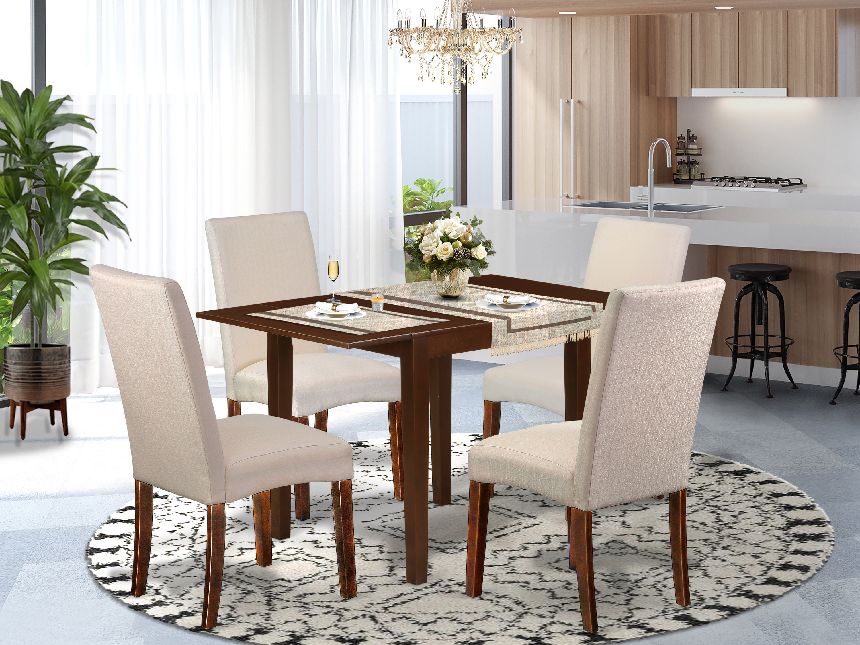 East West Furniture NDDR5-MAH-01 Dining Room Table Set 5 Pcs - 4 Dining Room Chairs and a Dining Room Table - Mahogany Finish Wood - Cream Color Linen Fabric