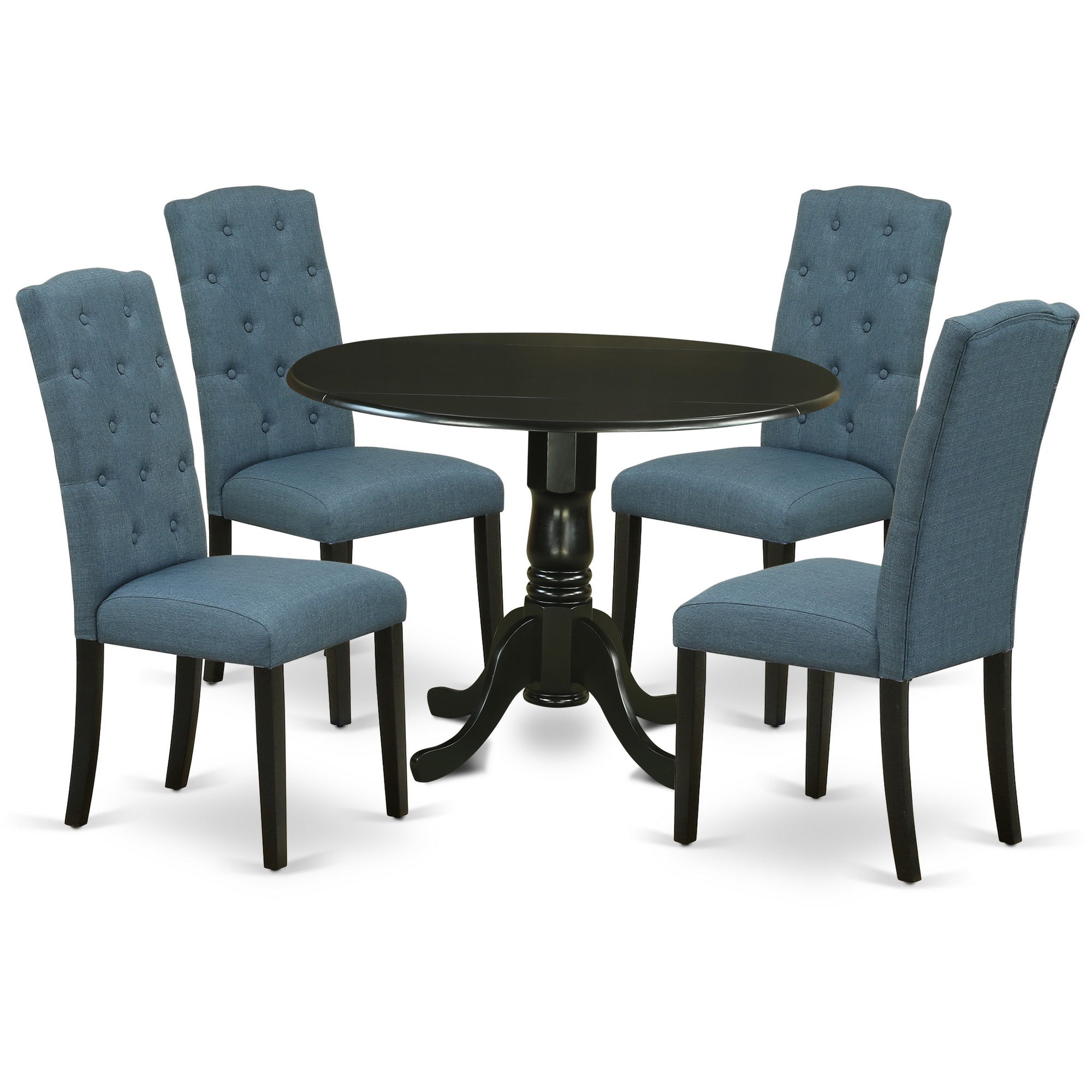 DLCE5-BLK-21 5Pc Dining Set Includes a Round Dinette Table with Drop Leaves and Four Parson Chairs with Blue Fabric, Black Finish