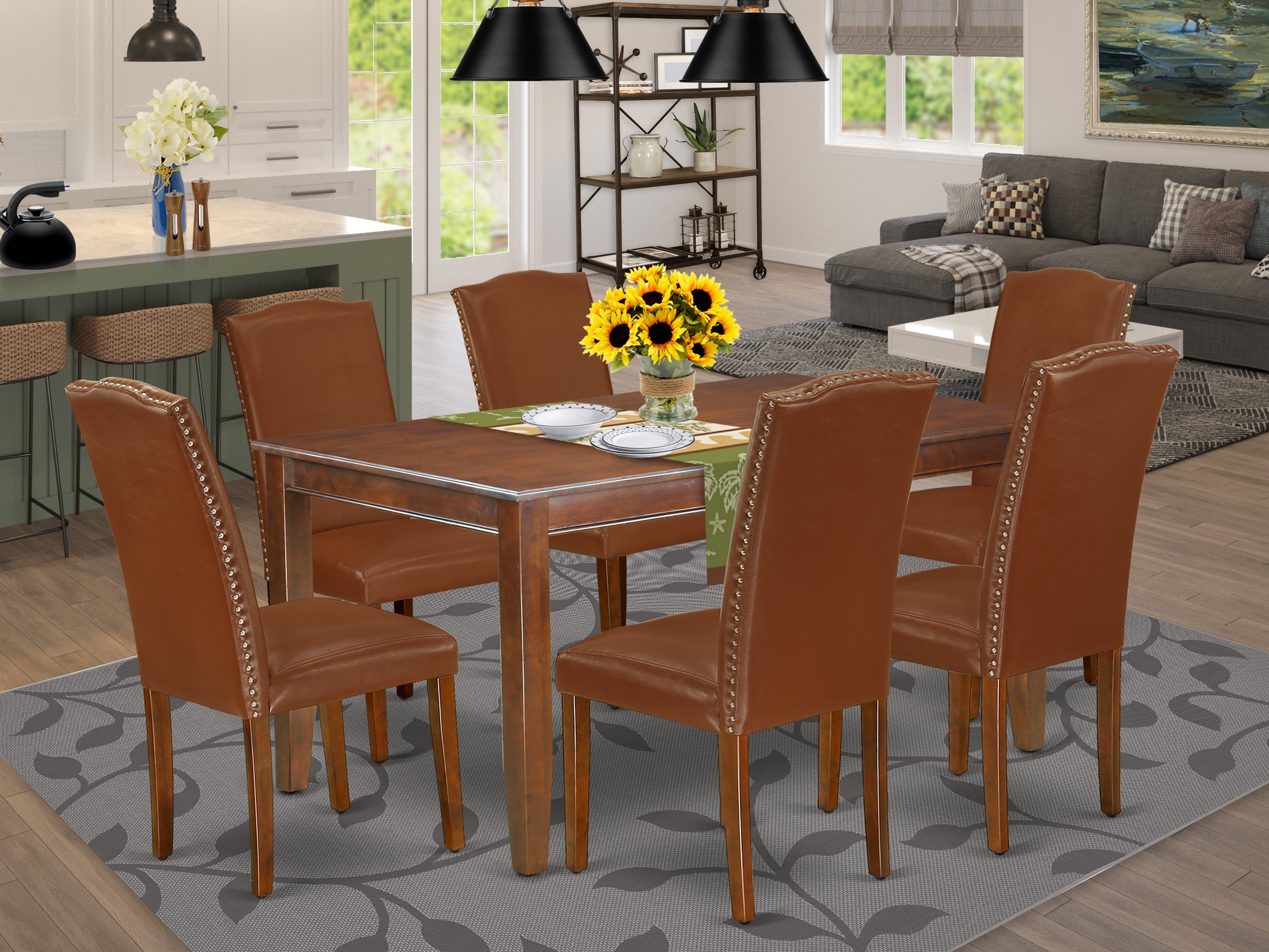 DUEN7-MAH-66 7Pc Rectangular 60 Inch Dining Table And Six Parson Chair With Mahogany Leg And Brown Flaux Leather