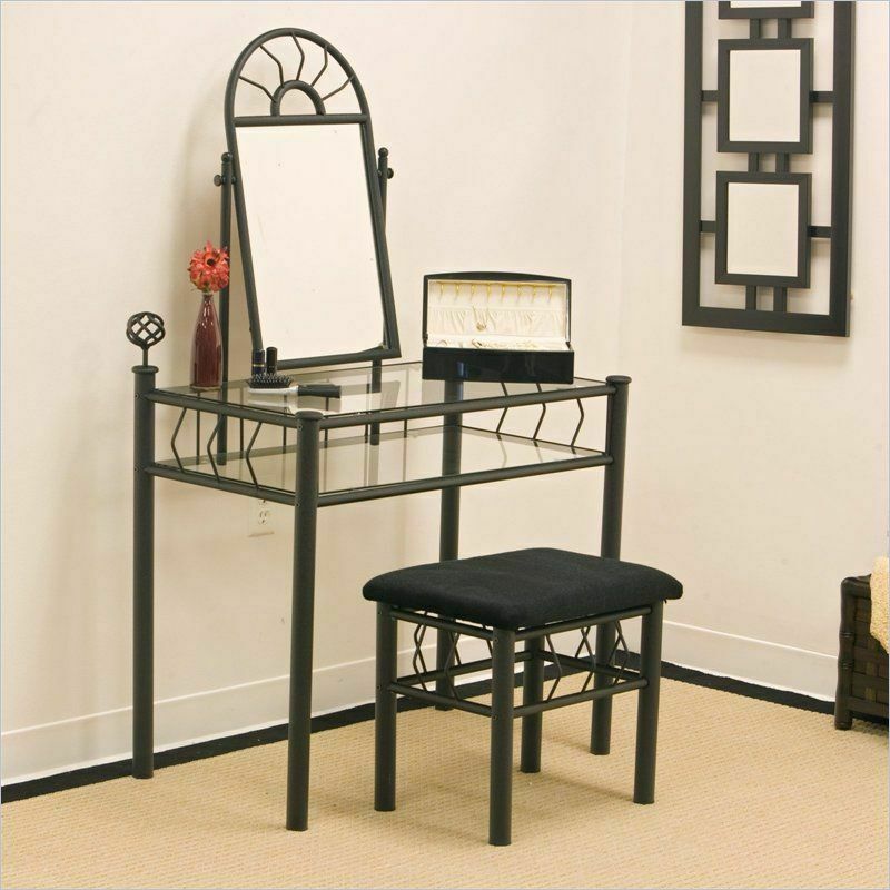 2-Piece Sunburst Metal Vanity Set With Glass Top Black
