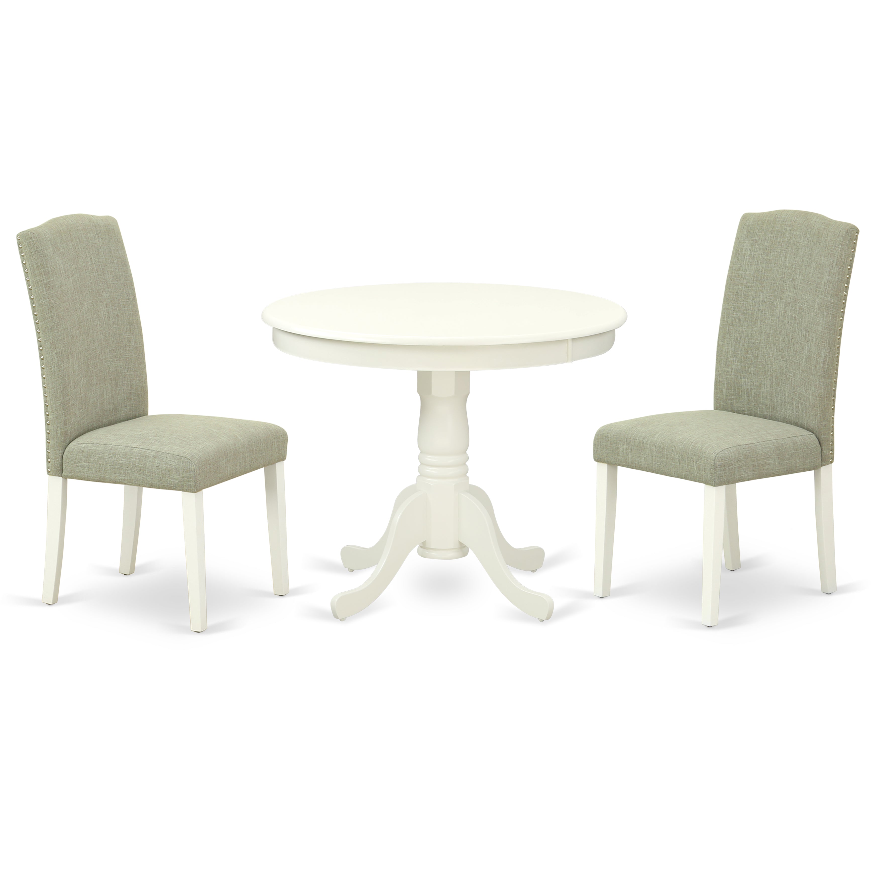 ANEN3-LWH-06 3Pc Round 36" Table And A Pair Of Parson Chair With Linen White Leg And Linen Fabric Dark Shitake