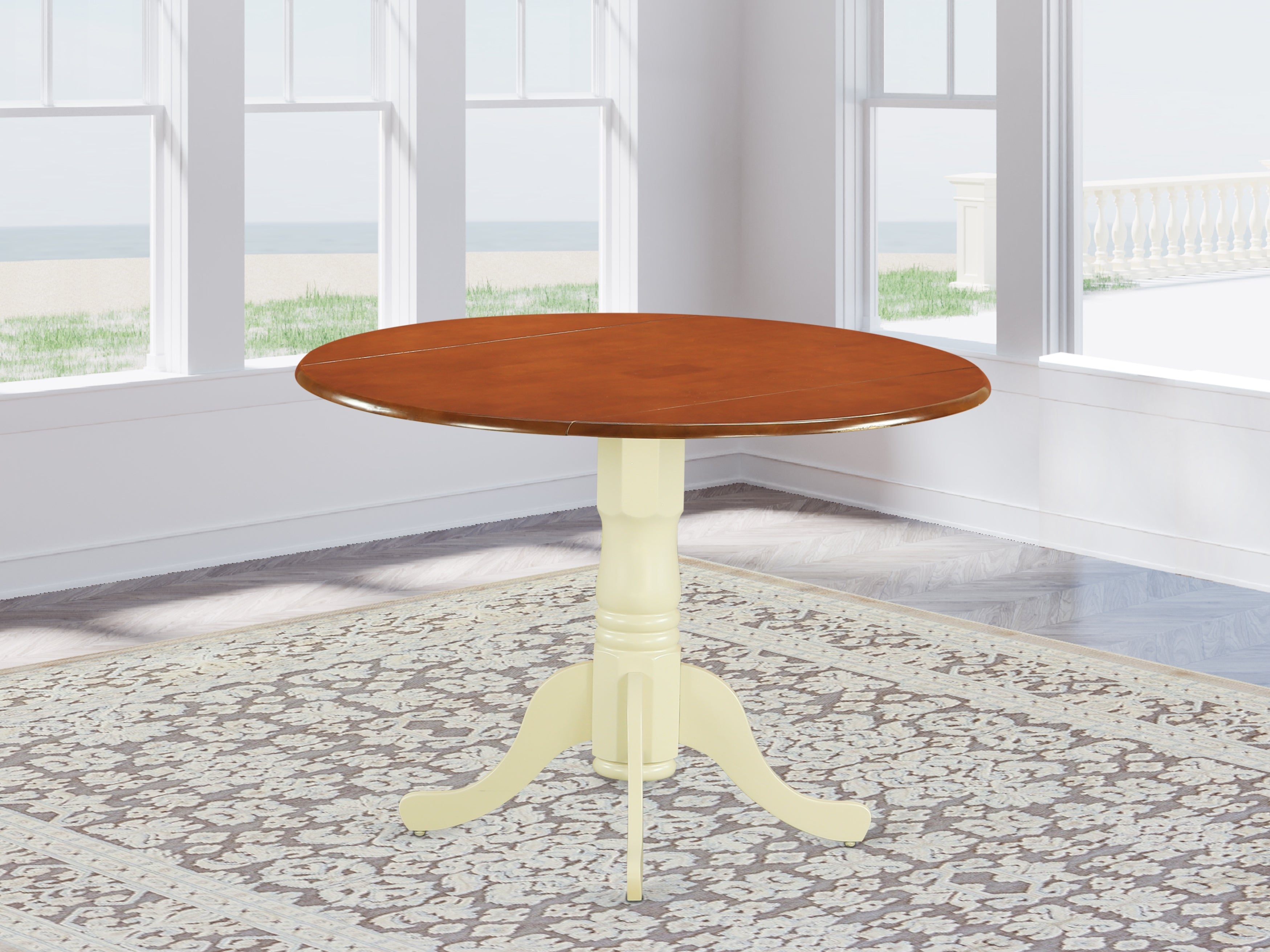 DLT-BMK-TP Dublin Round Table with two 9" Drop Leaves in Buttermilk & Cherry Finish
