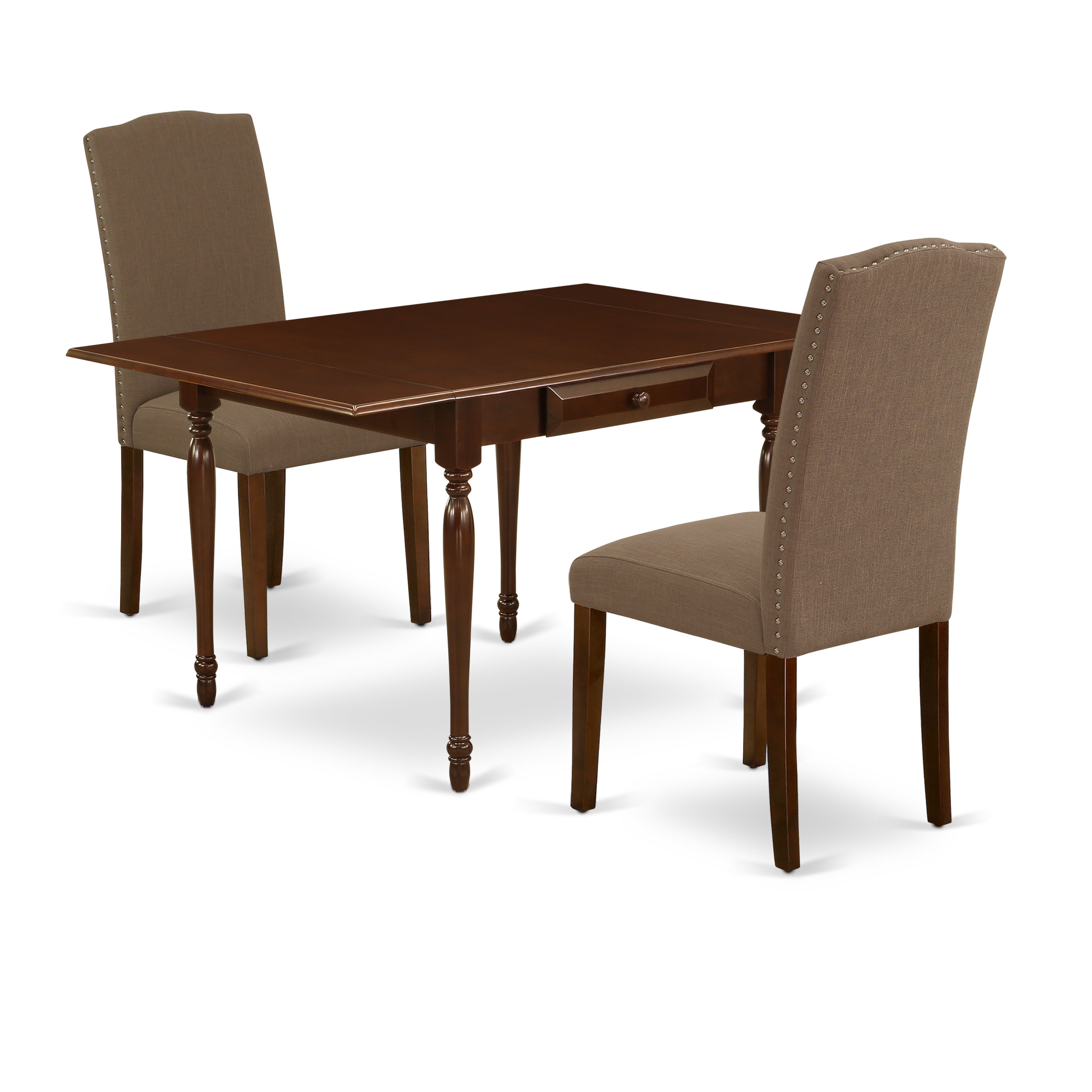 East West Furniture MZEN3-MAH-18 3Pc Dinette Sets for Small Spaces Contains a Modern Dining Table and 2 Parson Dining Chairs with Coffee Color Linen Fabric, Drop Leaf Table with Full Back Chairs, Mahogany Finish