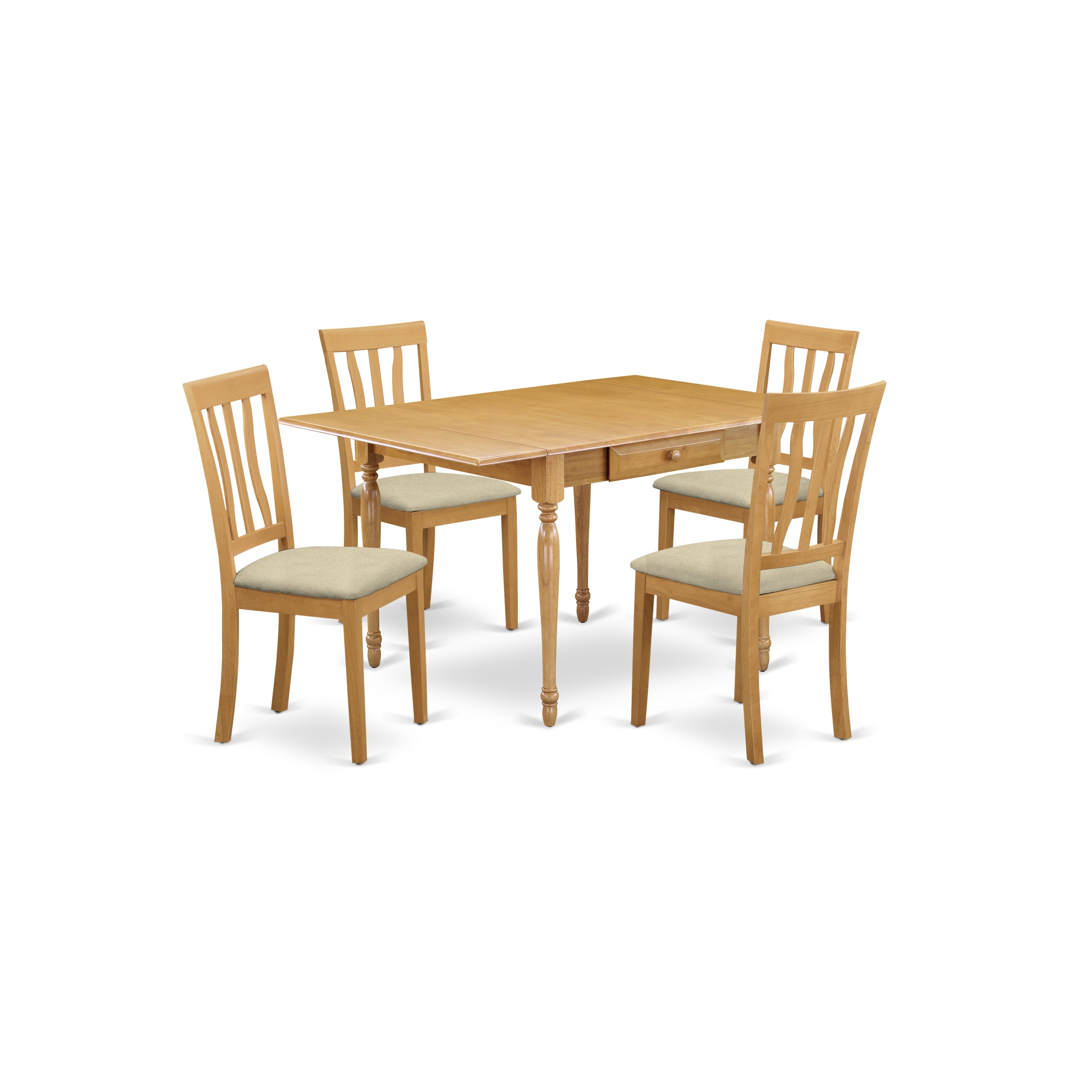 East West Furniture MZAN5-OAK-C 5Pc Kitchen Set for 4 Consists of a Wood Dining Table and 4 Wood Dining Chairs with Microfiber Upholstery Seat, Drop Leaf Table with Slat Back Chairs, Oak Finish
