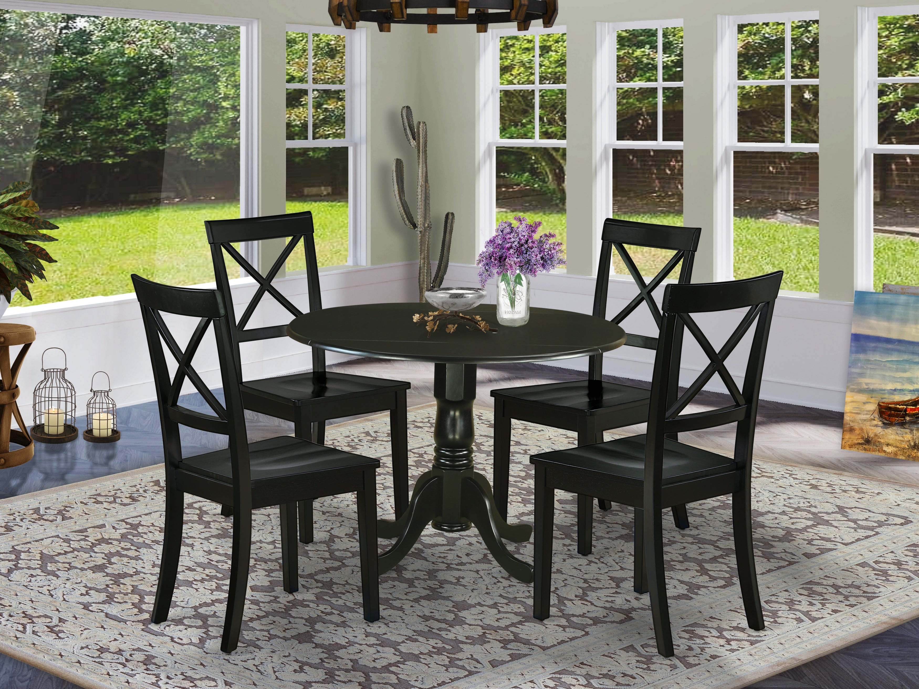 DLBO5-BLK-W 5Pc Rounded 42" Table With Two 9-Inch Drop Leaves And Four Wood Seat Dining Chairs
