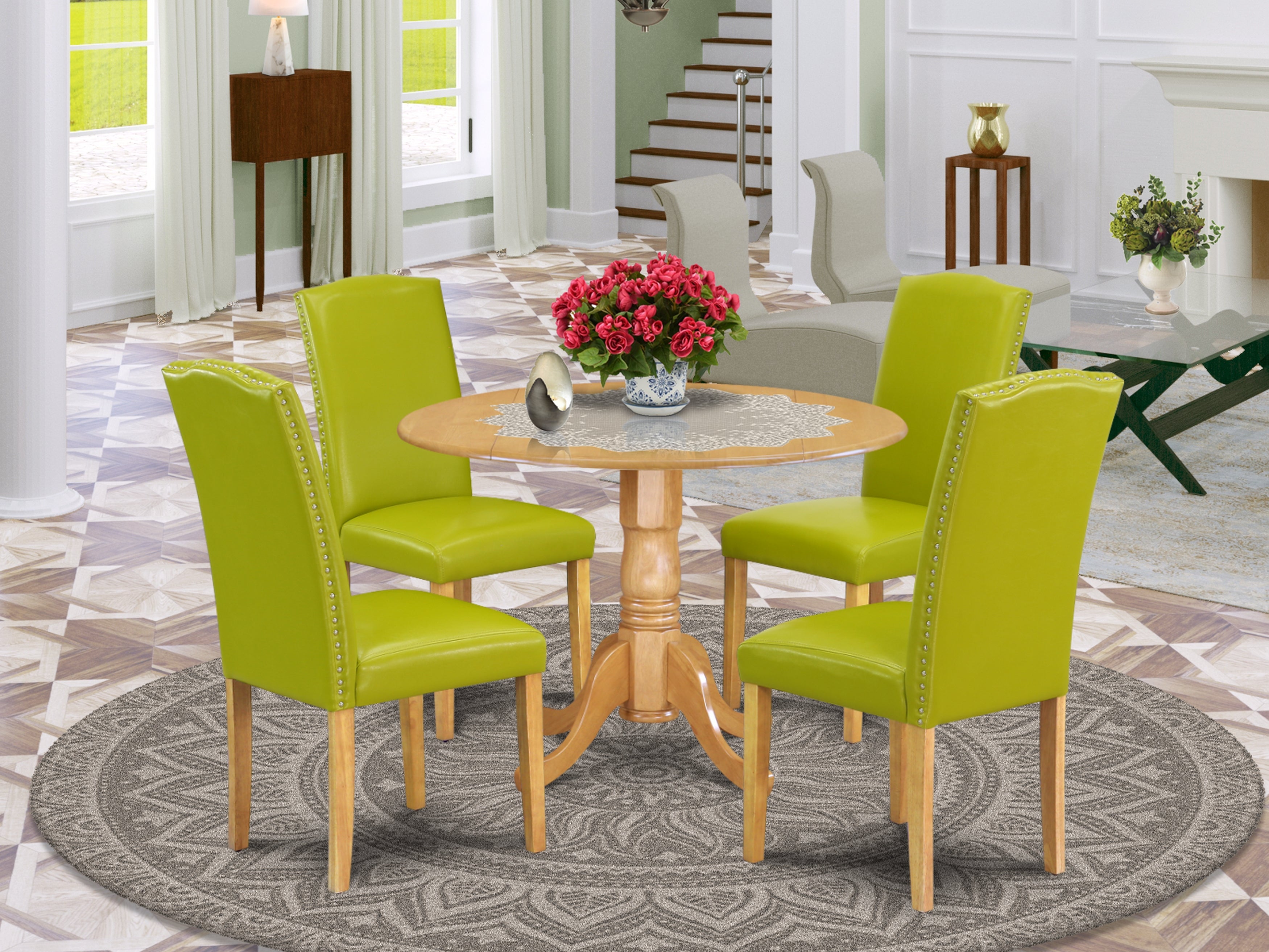DLEN5-OAK-51 5Pc Round 42" Kitchen Table With Two 9-Inch Drop Leaves And Four Parson Chair With Oak Leg And Pu Leather Color Autumn Green