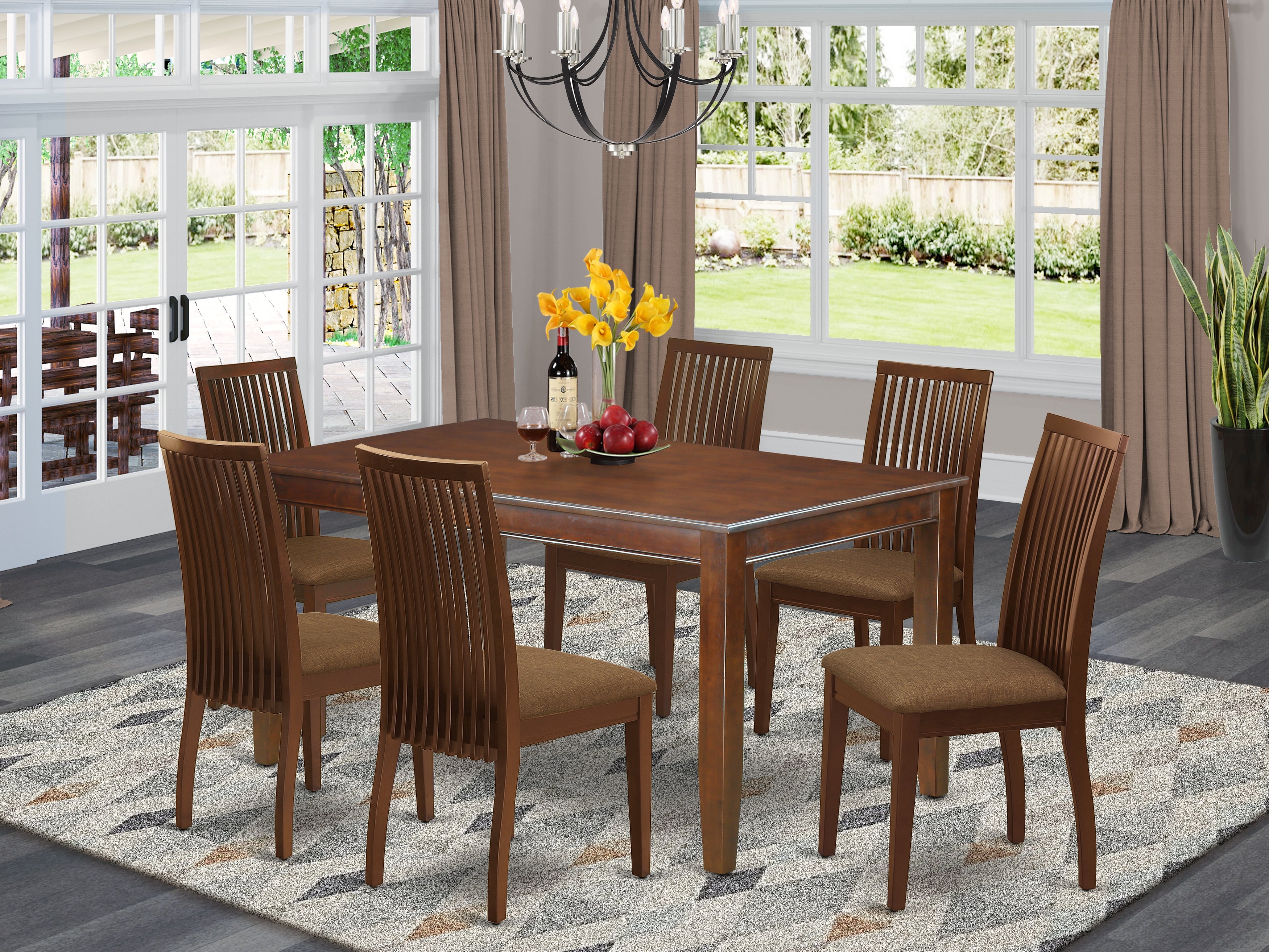 DUIP7-MAH-C 7 Pc Dinette Set Includes a Rectangular Kitchen Table and Six Microfiber Seat Dining Chairs, Mahogany Finish