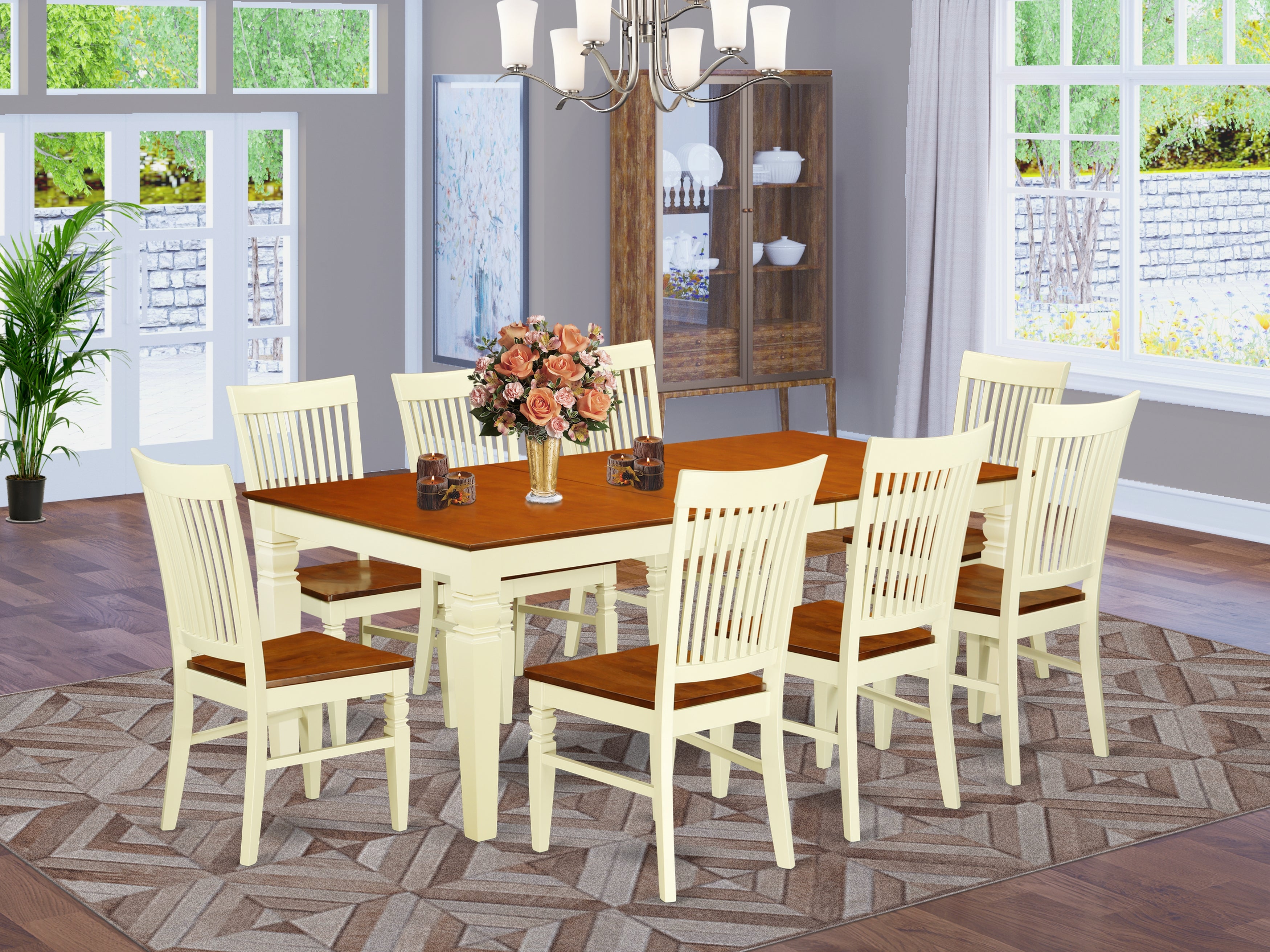 LGWE9-BMK-W 9 Pc Dining set with a Dining Table and 8 Wood Seat Kitchen Chairs in Buttermilk and Cherry