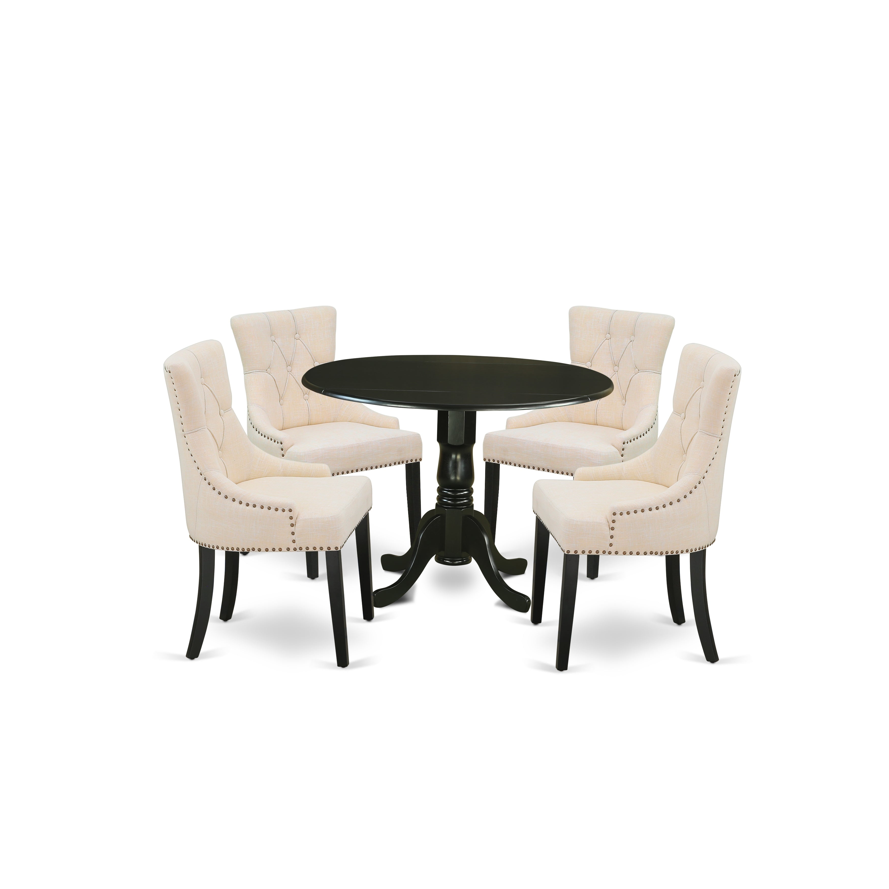 DLFR5-BLK-02 5Pc Dining Set Includes a Round Dinette Table with Drop Leaves and Four Parson Chairs with Light Beige Fabric, Black Finish