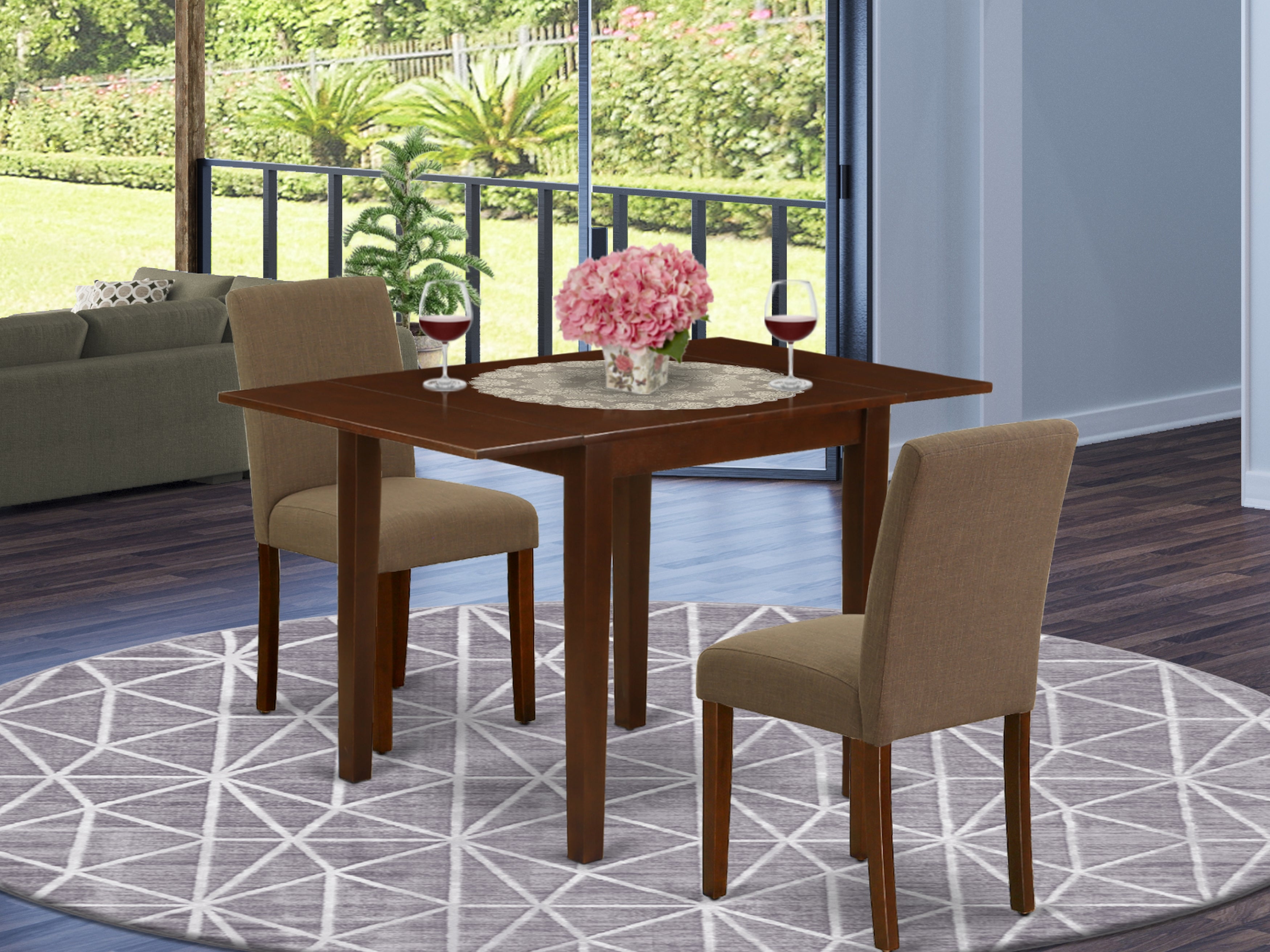 East West Furniture NDAB3-MAH-18 Modern Dining Table Set 3 Pc - Two Parson Chairs and a Dining Room Table - Mahogany Finish Wood - Coffee Color Linen Fabric