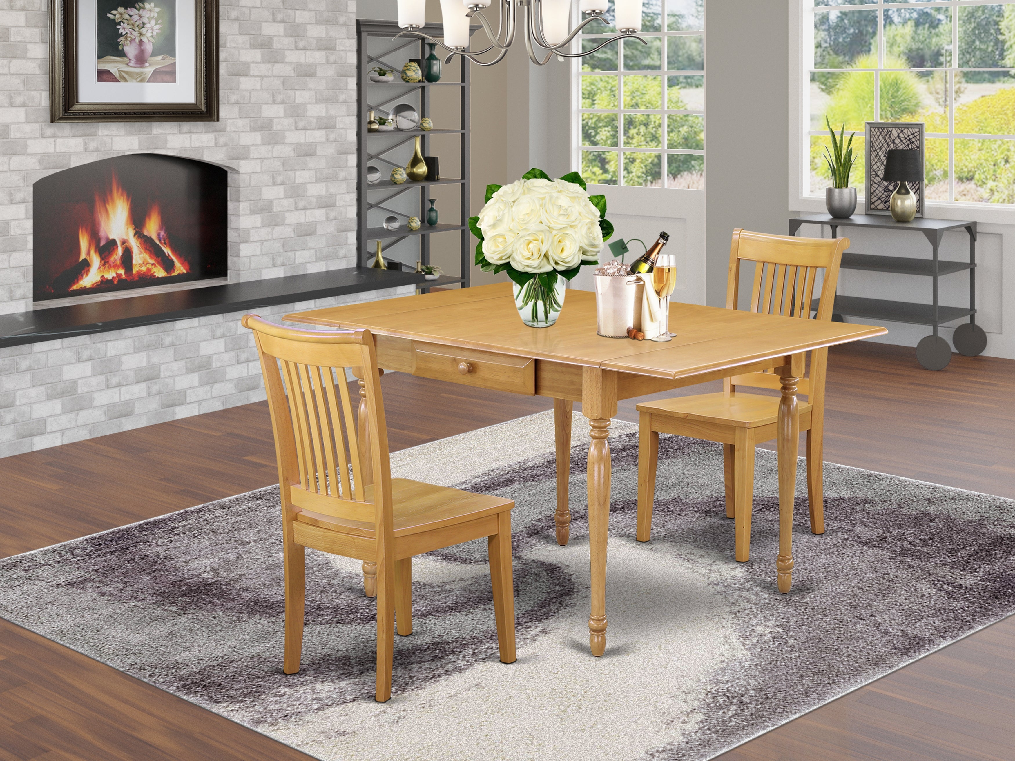 East West Furniture MZPO3-OAK-W 3 Pieces Kitchen Table set - Robust Drop Leaf Solid Wood Dining Room Table and 2 Hardwood Seat Kitchen Chairs, Oak Finish
