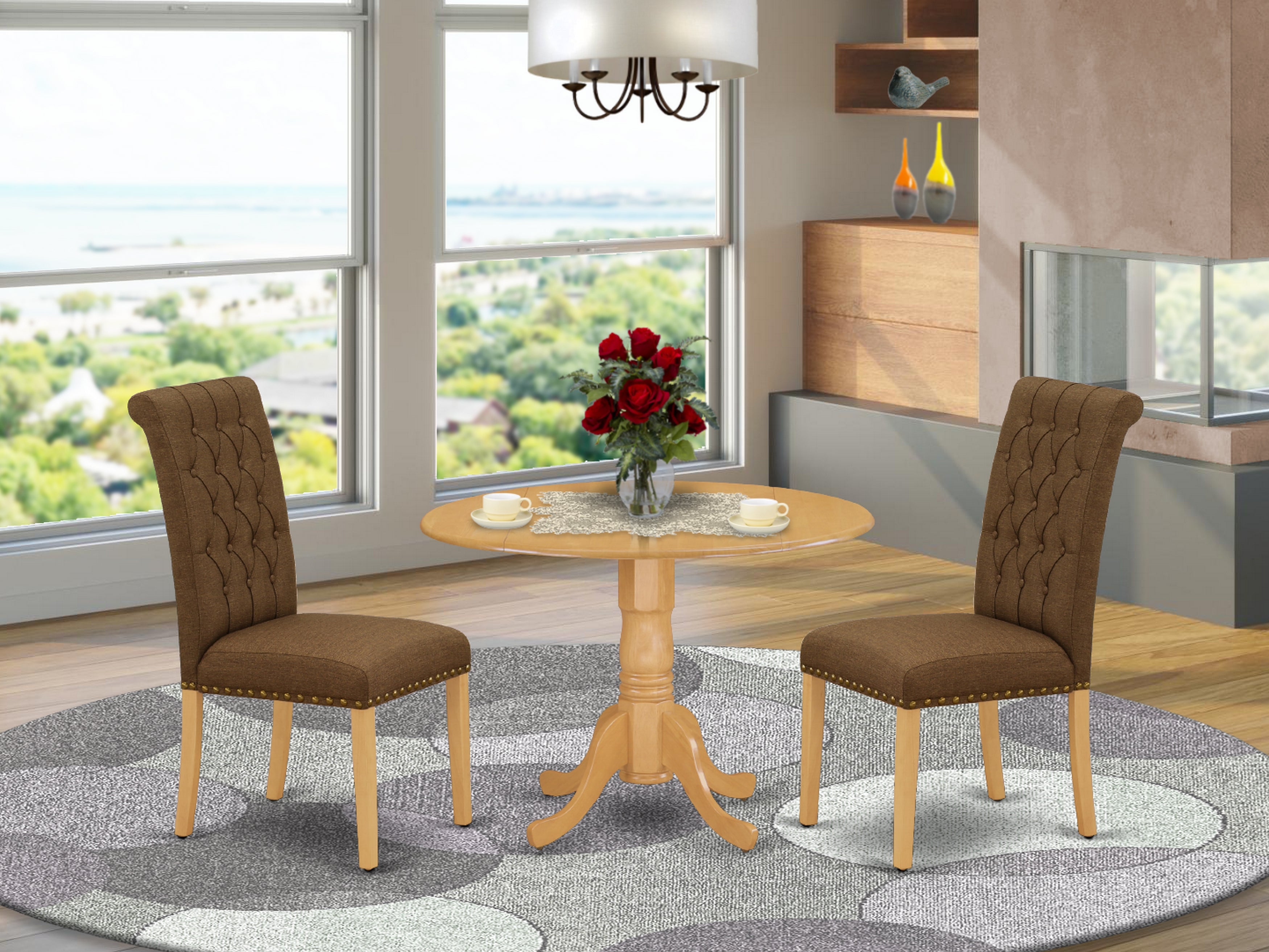 DLBR3-OAK-18 3Pc Dinette Set Includes a Rounded Kitchen Table with Drop Leaves and Two Parson Chairs with Dark Coffee Fabric, Oak Finish