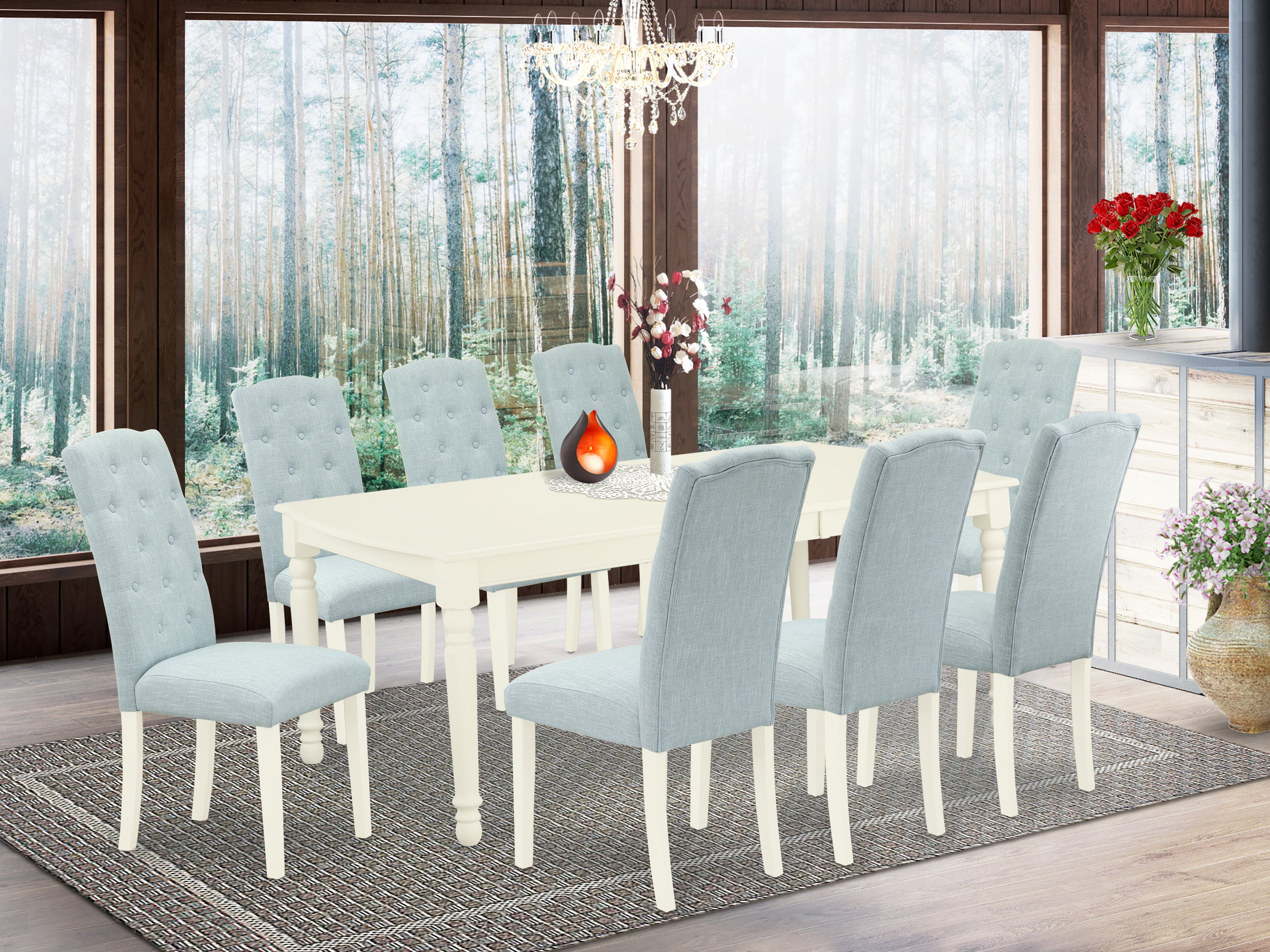 DOCE9-LWH-15 9Pc Dining Set Includes a Rectangle Dinette Table with Butterfly Leaf and Eight Parson Chairs with Baby Blue Fabric, Linen White Finish