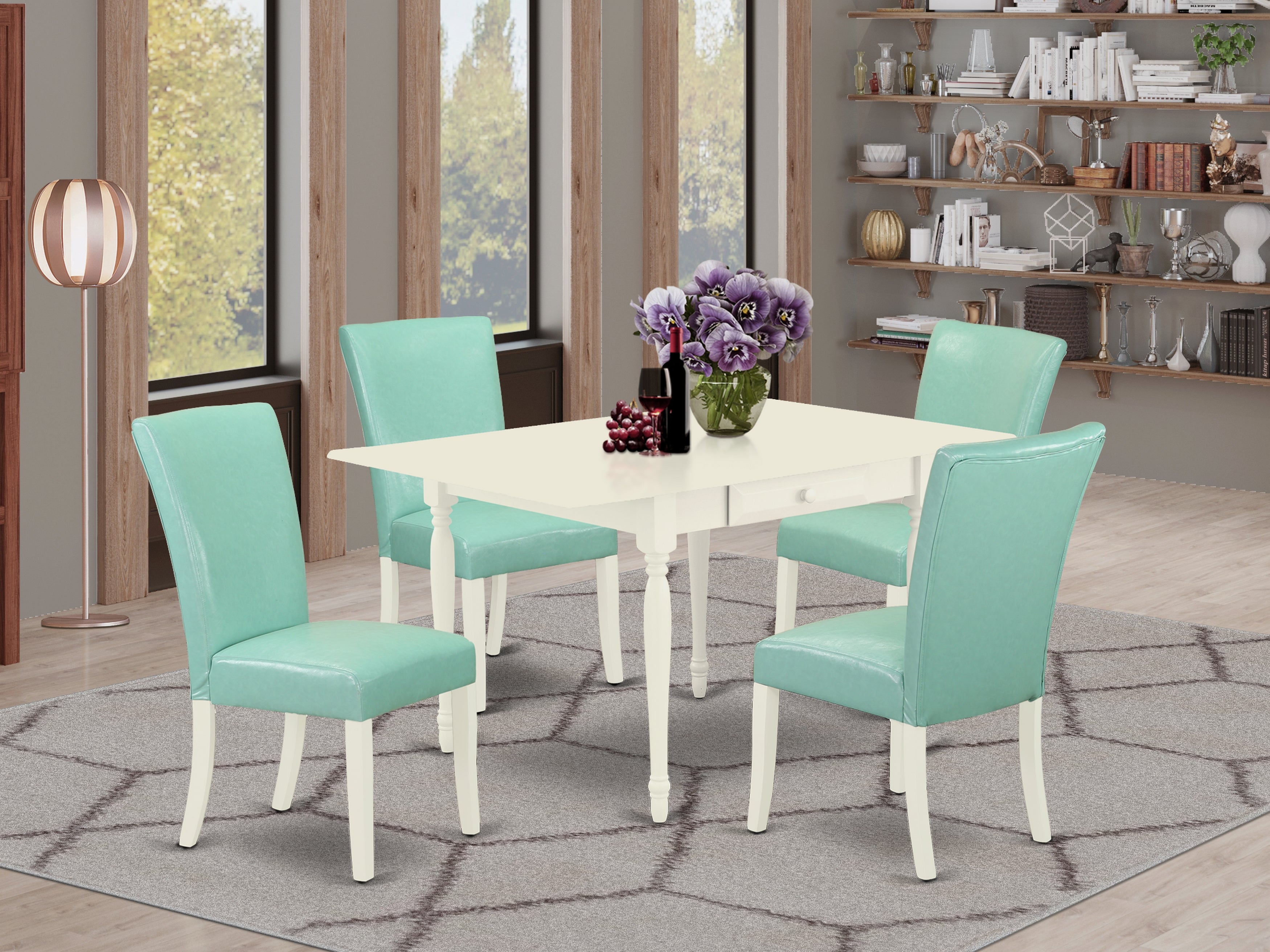 East West Furniture MZAL5-LWH-57 5Pc Modern Dining Table Set Contains a Small Table and 4 Parsons Dining Chairs with Pond Color PU Leather, Drop Leaf Table with Full Back Chairs, Linen White Finish