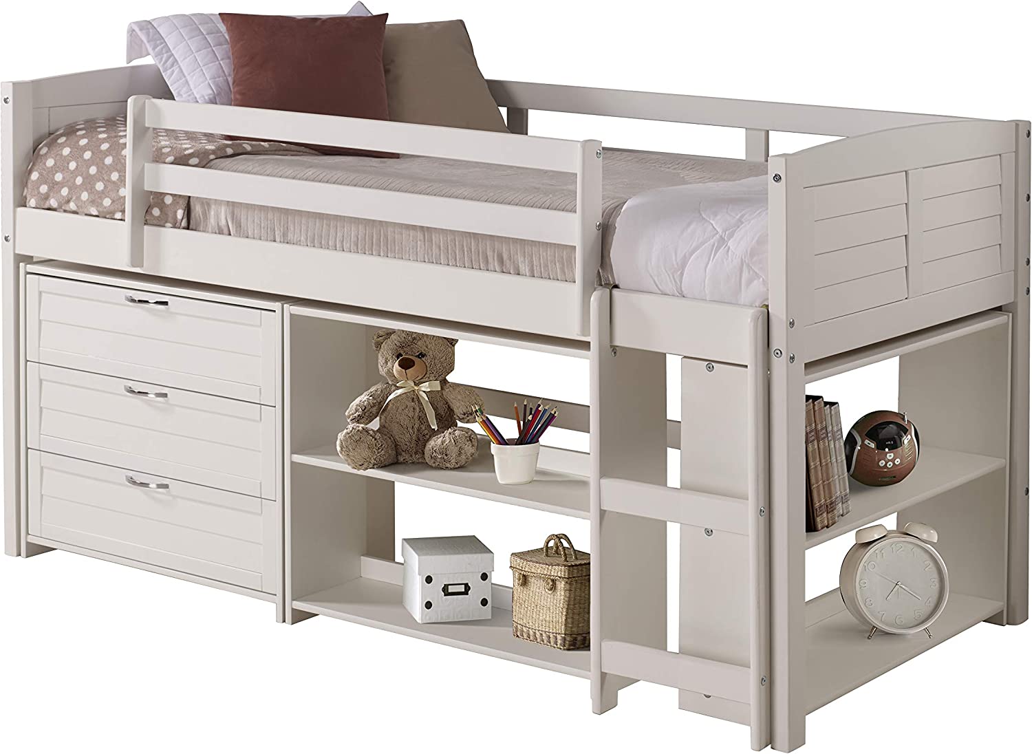 White Twin Louver Low Loft Bed with 3-Drawer Chest and 2-Sets of Shelves