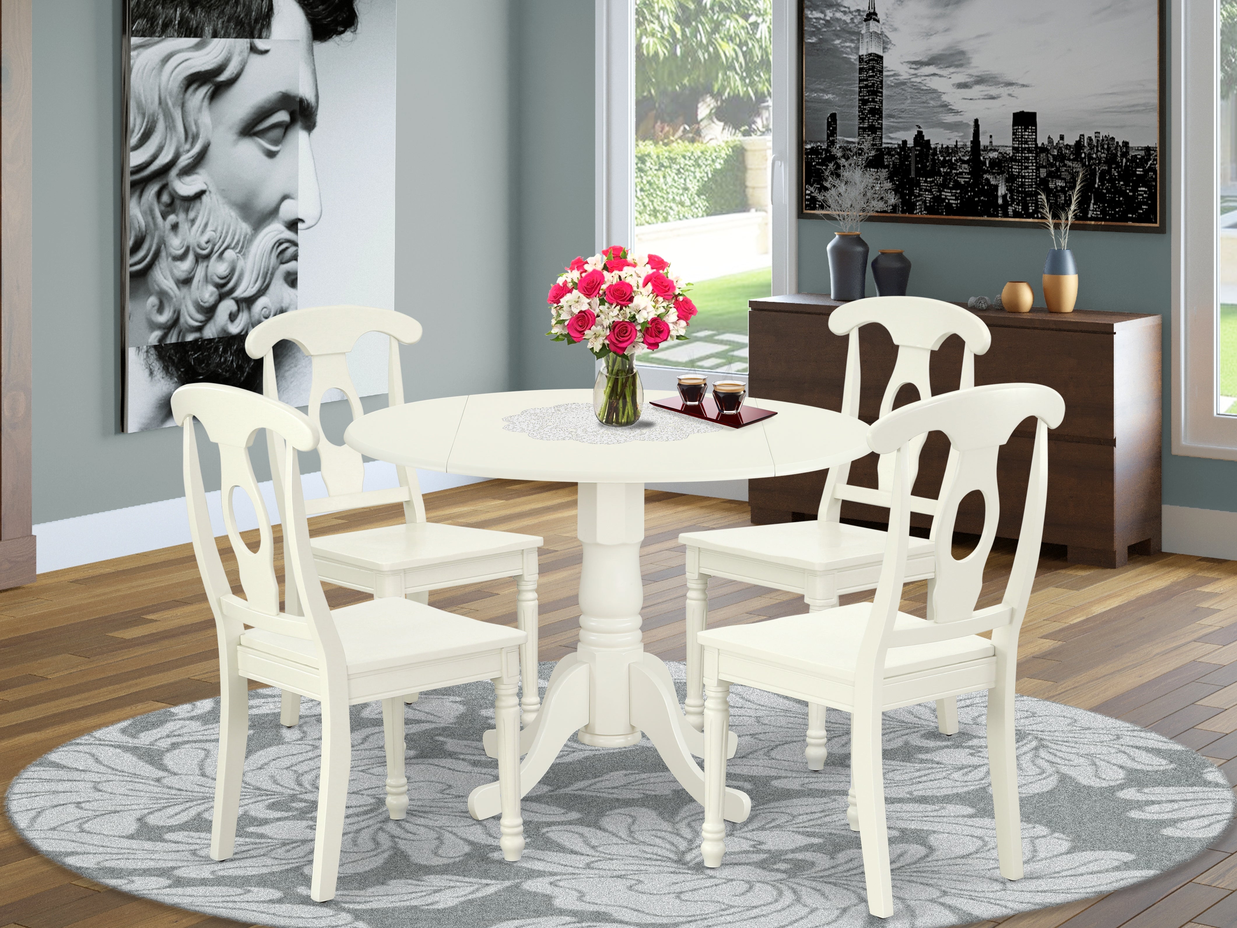 DLKE5-LWH-W 5PC Round 42 inch Table with Two 9-Inch Drop Leaves and 4 Panel Back Chairs
