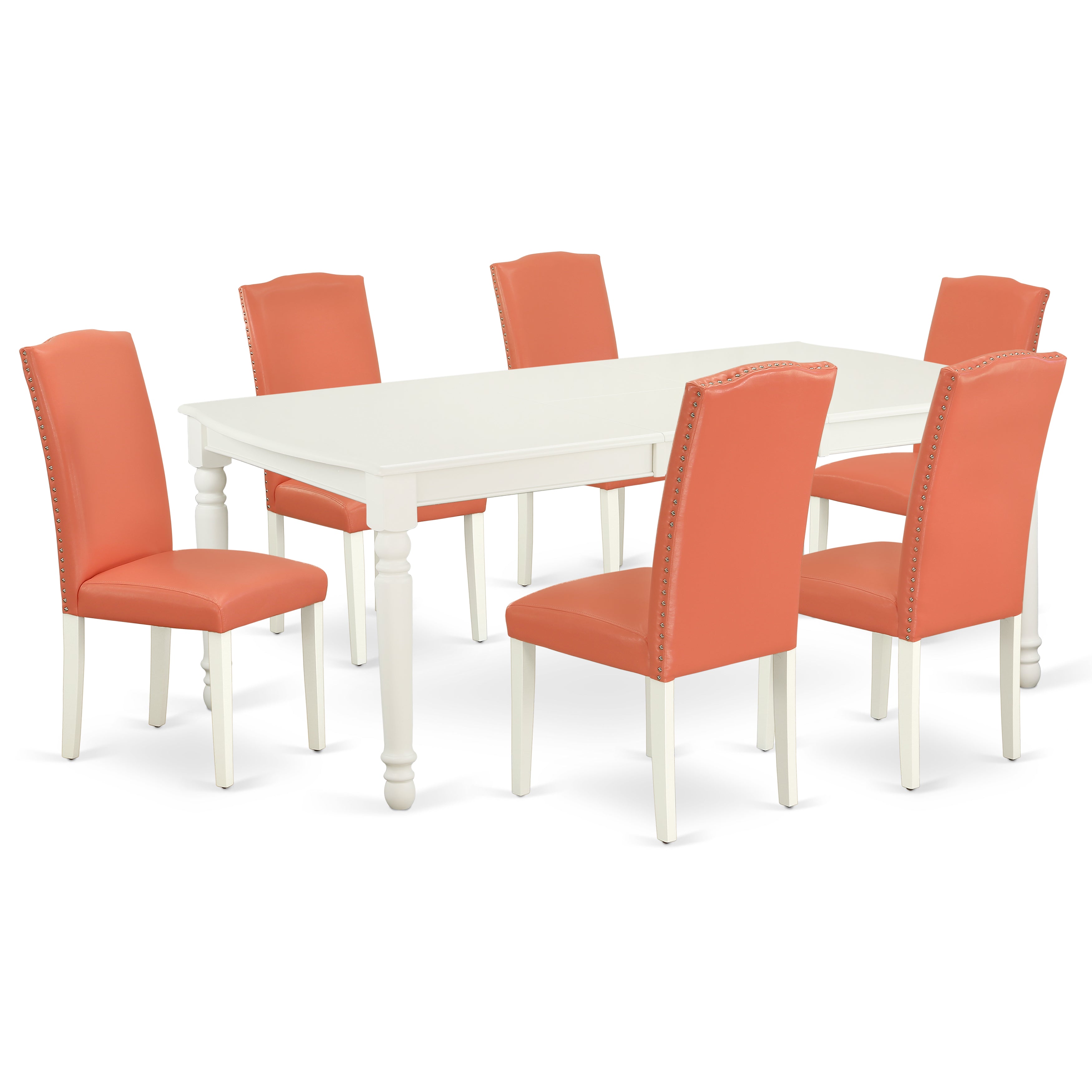 DOEN7-LWH-78 7Pc Rectangle 60/78 Inch Table With 18 In Leaf And 6 Parson Chair With Linen White Leg And Pu Leather Color Pink Flamingo
