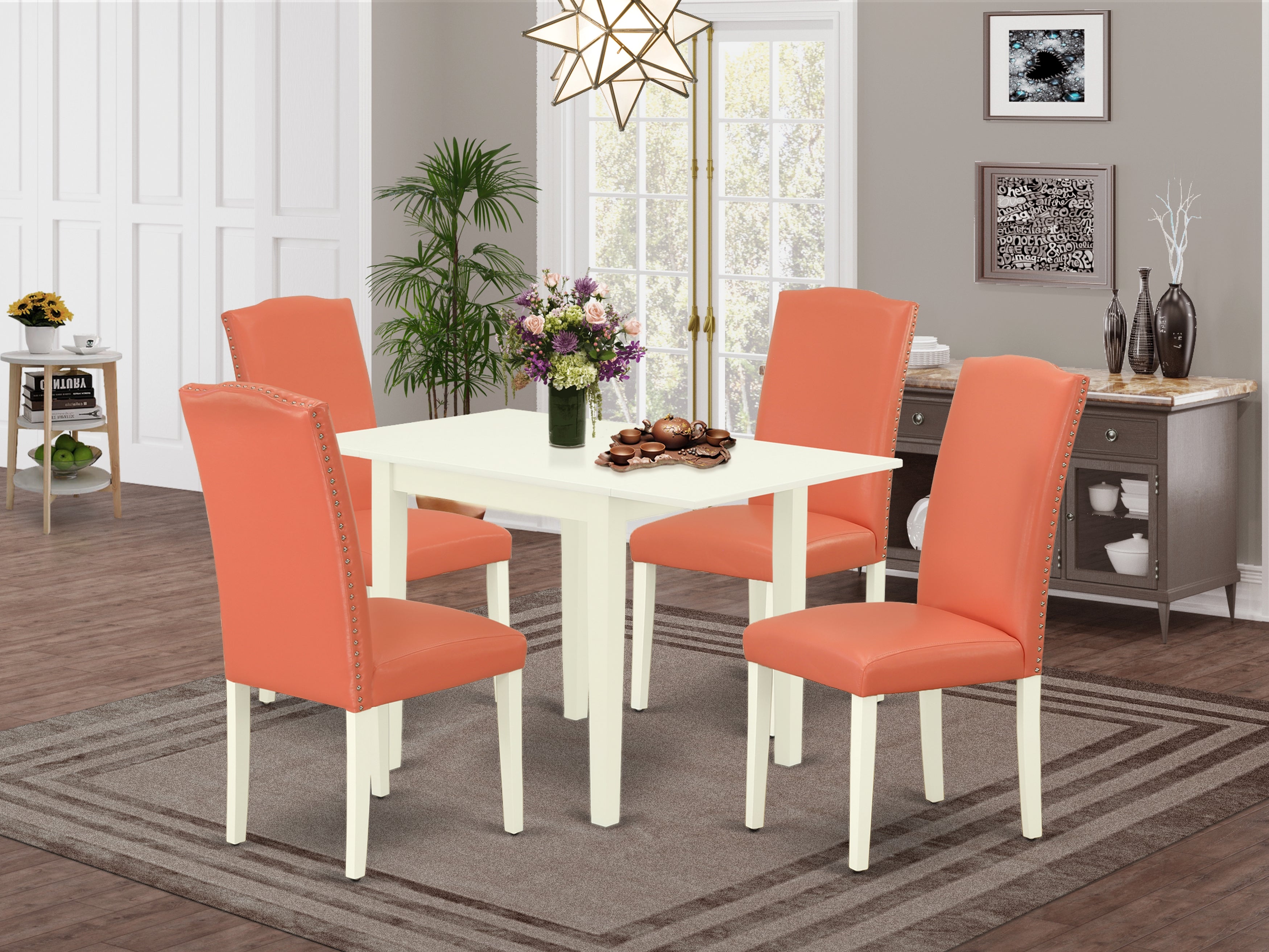 East West Furniture NDEN5-LWH-78 Dining Room Table Set 5 Pcs – Four Dining Room Chairs and a Wooden Table - Linen White Finish Hardwood - Pink Flamingo Color Pu Leather