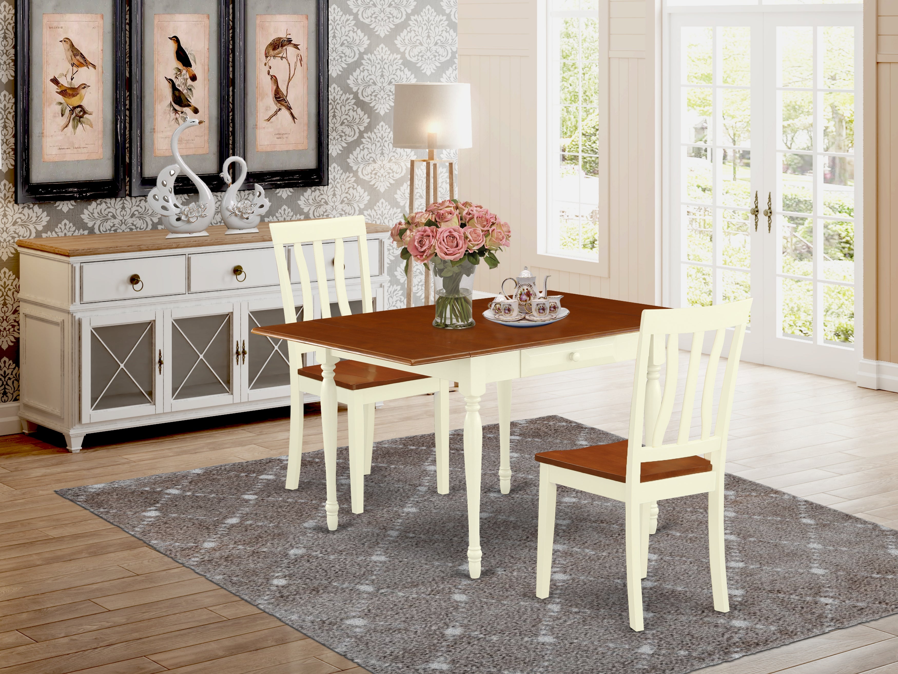 East West Furniture MZAN3-WHI-W 3Pc Dinette Set Consists of a Rectangle Table and 2 Modern Dining Chairs with Solid Wood Seat, Drop Leaf Table with Slat Back Chairs, Buttermilk and Cherry Finish