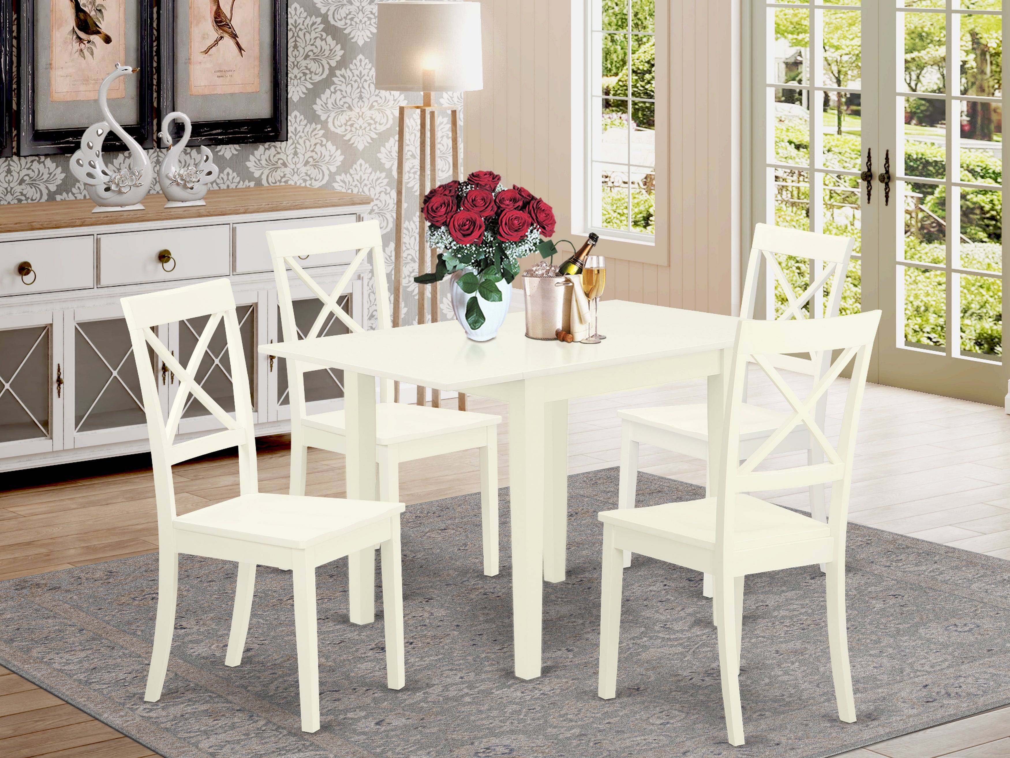 East West Furniture NDBO5-LWH-W Dining Room Table Set 5 Pc- 4 Marvelous Kitchen Chairs and a Lovely Dining Room Table - Linen White Finish Wooden Chair Seat - Linen White Finish Wooden Frame.