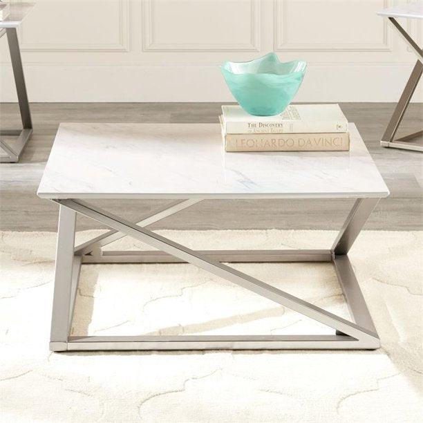 Steve Silver Zurich Square White Faux Marble Mixed Media Cocktail Table